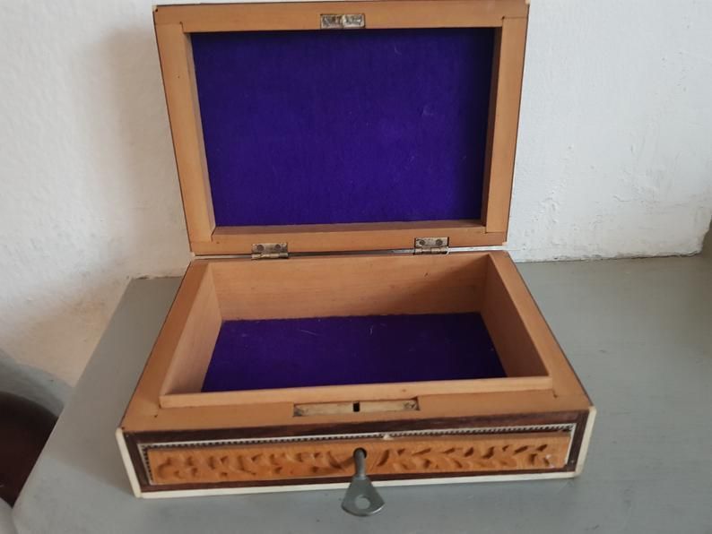 Superb Antique 19th C Anglo Indian Inlaid Mosaic Carved Wood Jewelry Sadeli Box photo buy
