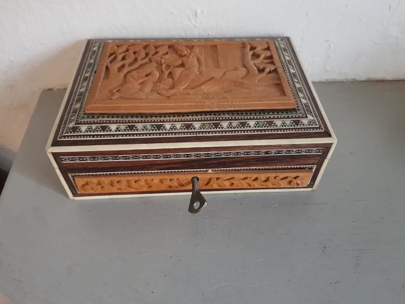 photo for sale Superb Antique 19th C Anglo Indian Inlaid Mosaic Carved Wood Jewelry Sadeli Box