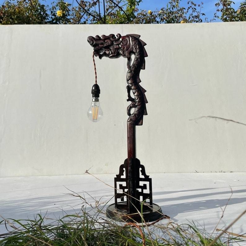 A Pair Of Antique Hand Carved Hardwood Oriental Dragon Table Lamps 1920's photo for sale