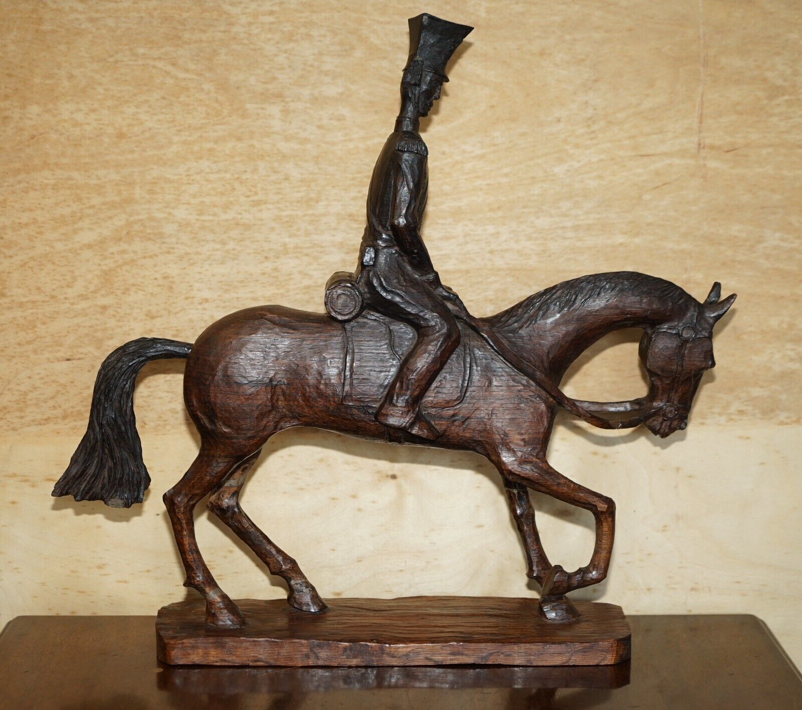 Hand Carved Signed Wakmaski 80 Large Wood Statue Of Soldier On A Horse Very Fine photo furniture