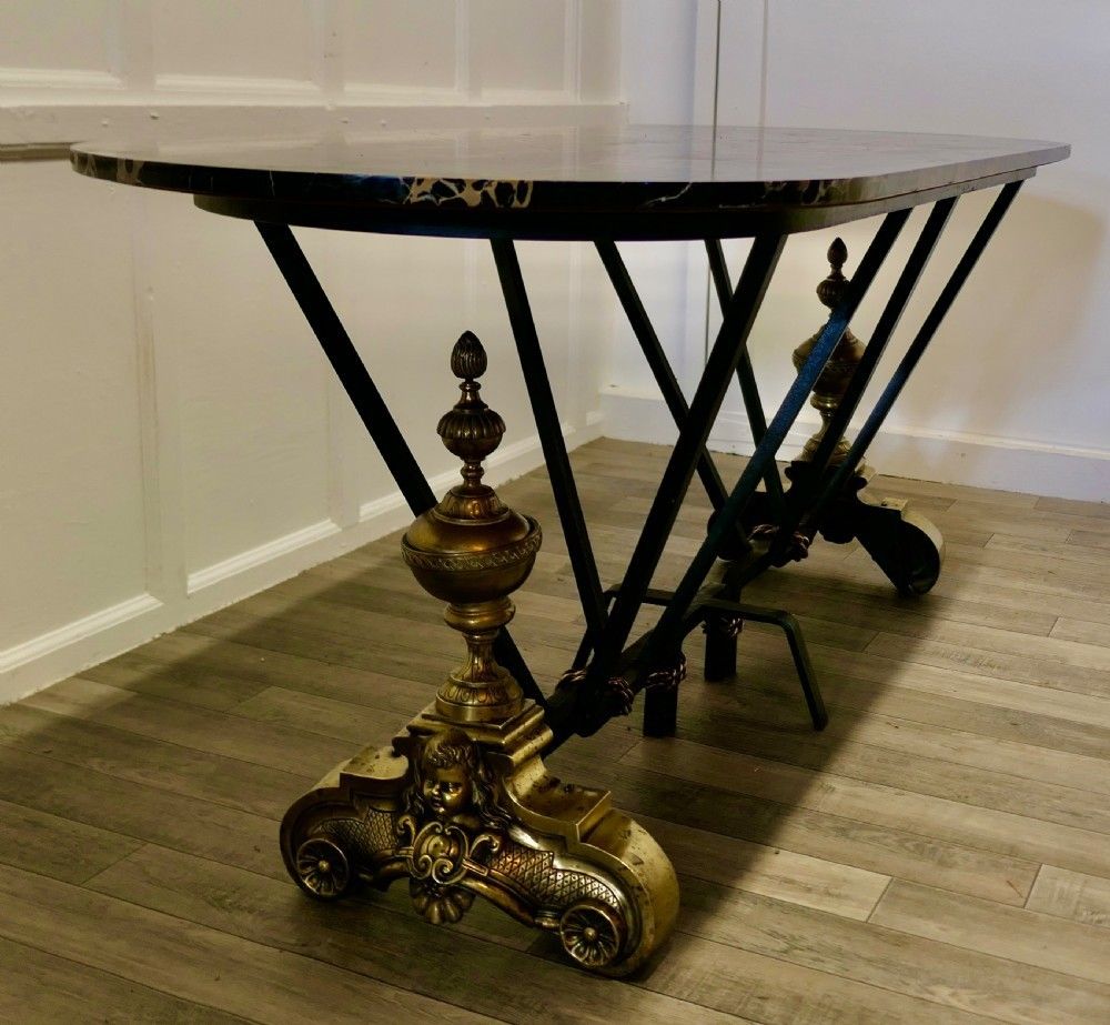 French Brass And Iron Marble Top Centre Table photo vinterior