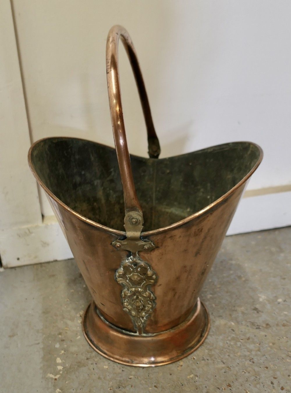 An Art Nouveau Embossed Copper Helmet Coal Scuttle photo Home Fixtures