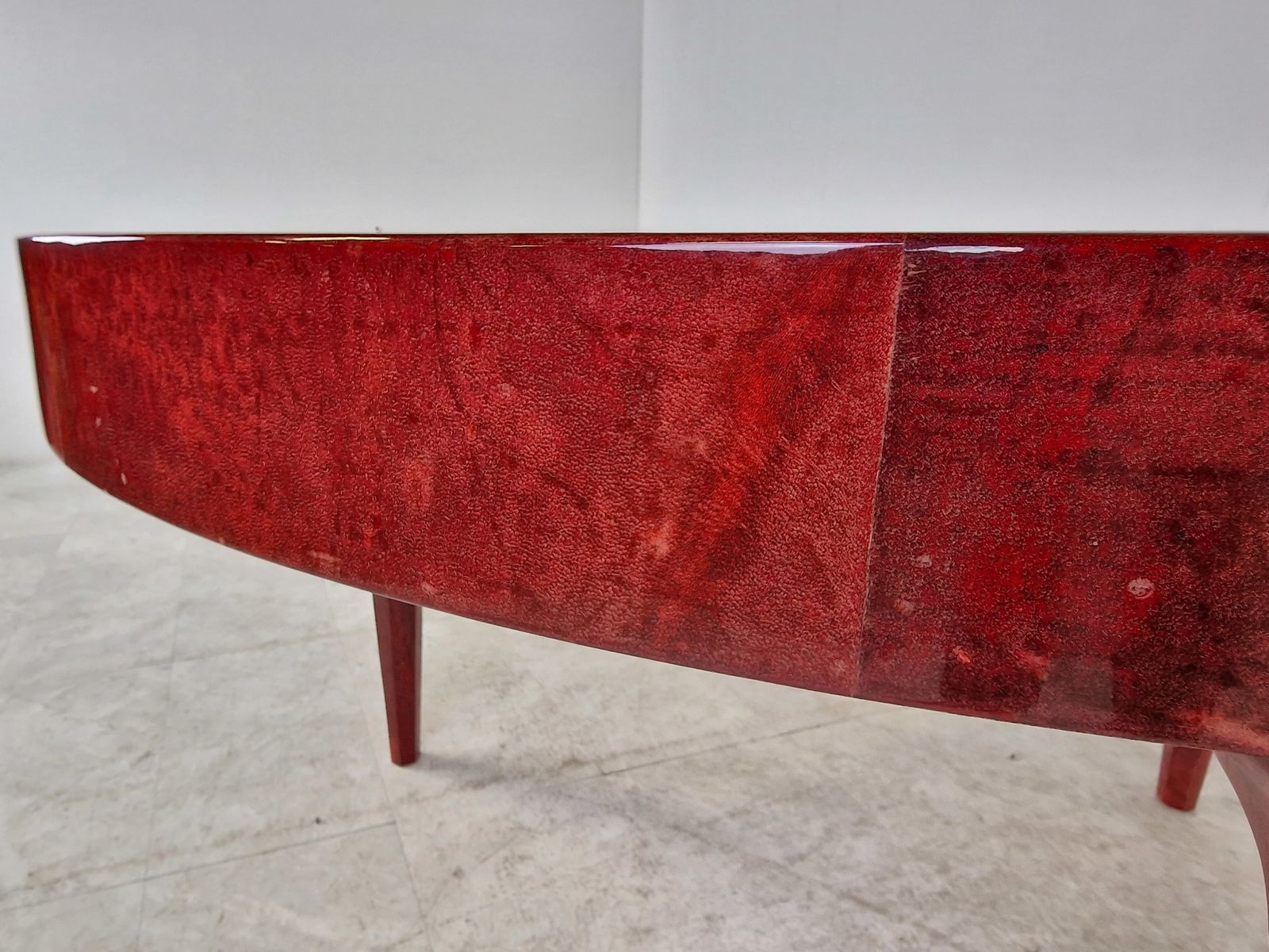 photo for sale Italian Red Lacquered Goatskin / Parchment Dining Table By Aldo Tura, 1960s