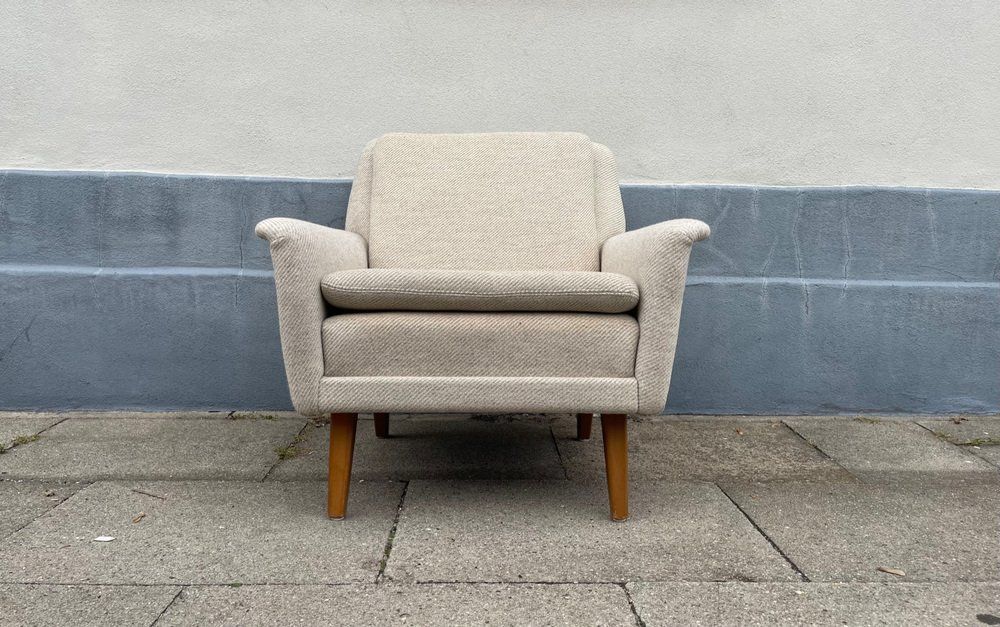 Vintage Armchair In Off White Wool By Folke Ohlsson For Fritz Hansen, 1960s
