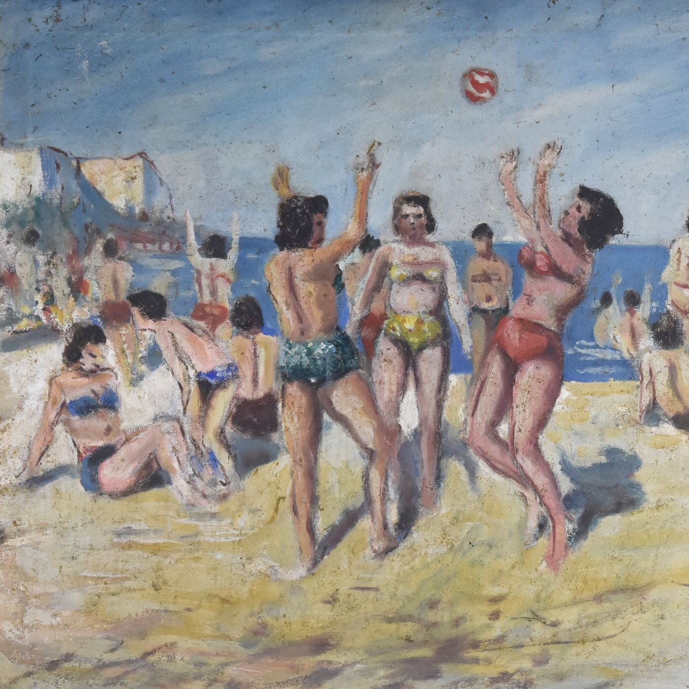Young Woman Frolicking At The Beach Oil On Panel 1950 Signed Serge photo furniture
