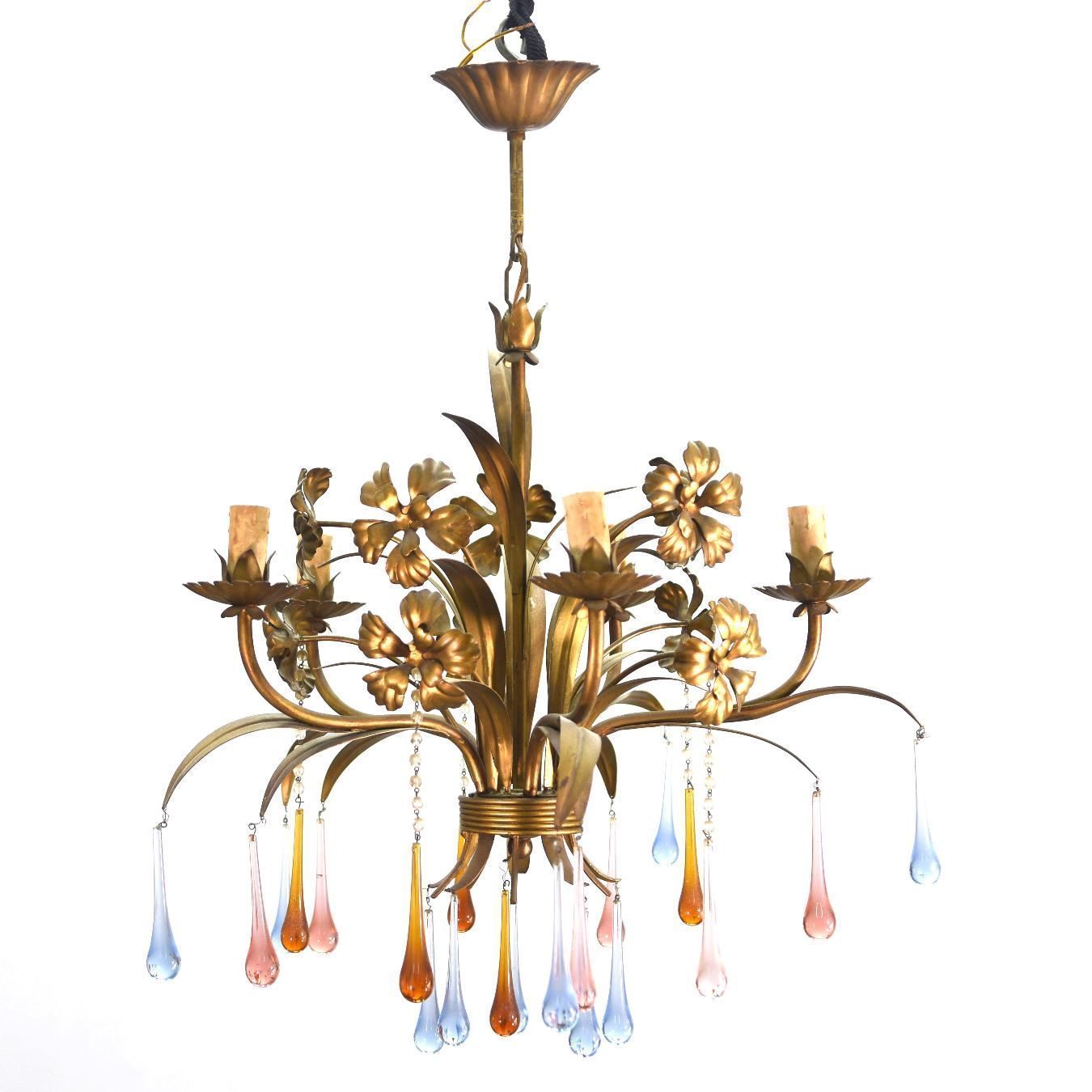 Pair Of Chandeliers With Tassels And Colored Pears photo for sale