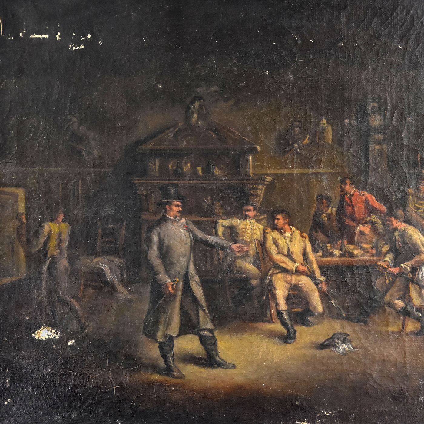 Genre Scene: "Tavern Brawl". 19th Century Painting Signed Sarda photo furniture