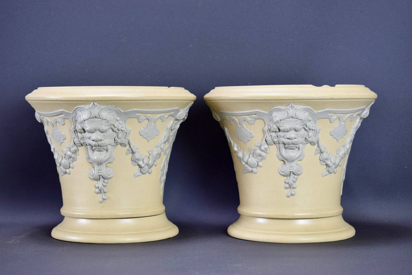 Rare Pair Of Victorian Cache Pots By Sarreguemines Ceramic Wedgwood Jasper Ware photo for sale