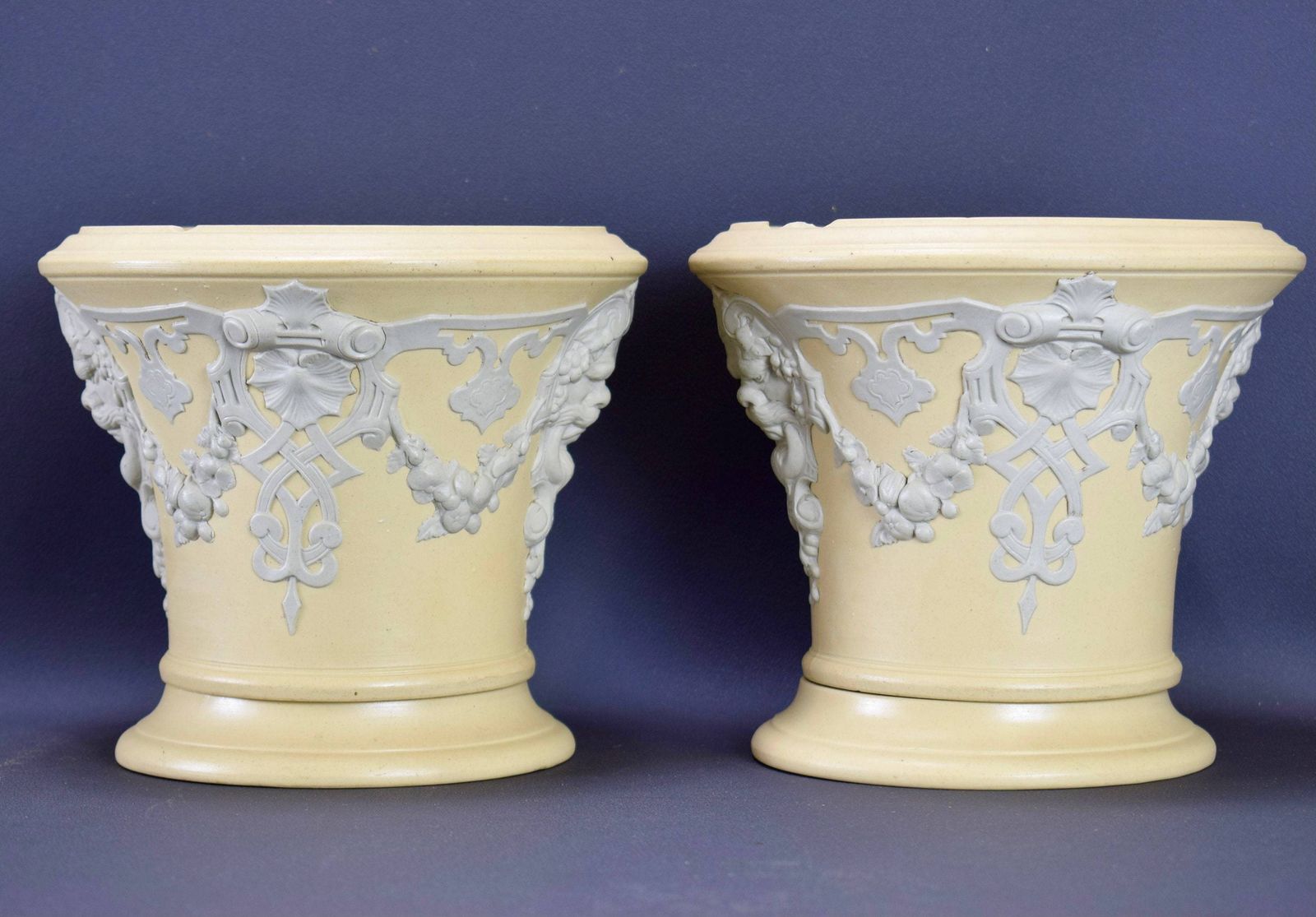 Rare Pair Of Victorian Cache Pots By Sarreguemines Ceramic Wedgwood Jasper Ware photo Home Decor