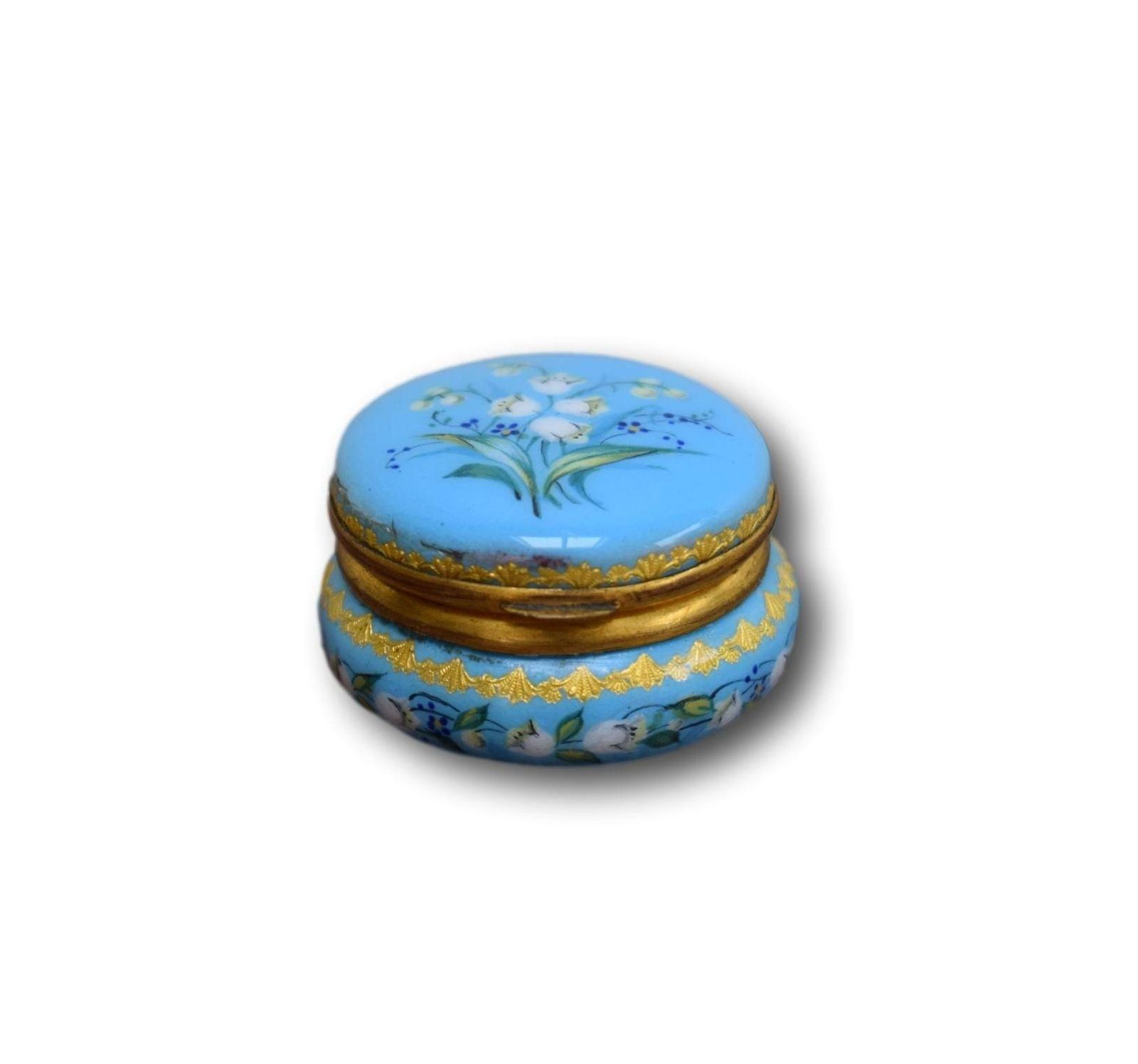Turquoise Blue Enamel Pill Box Patch Box Small Round Trinket Keeper Lily Of The Valley