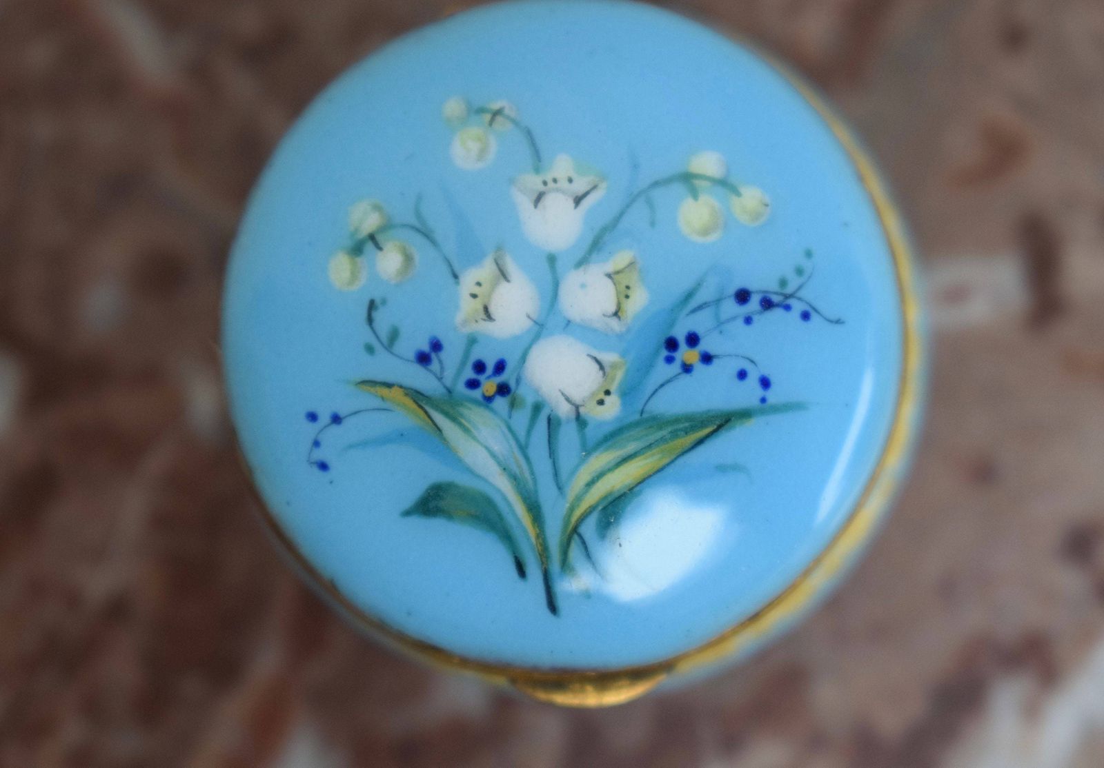 Turquoise Blue Enamel Pill Box Patch Box Small Round Trinket Keeper Lily Of The Valley photo for sale
