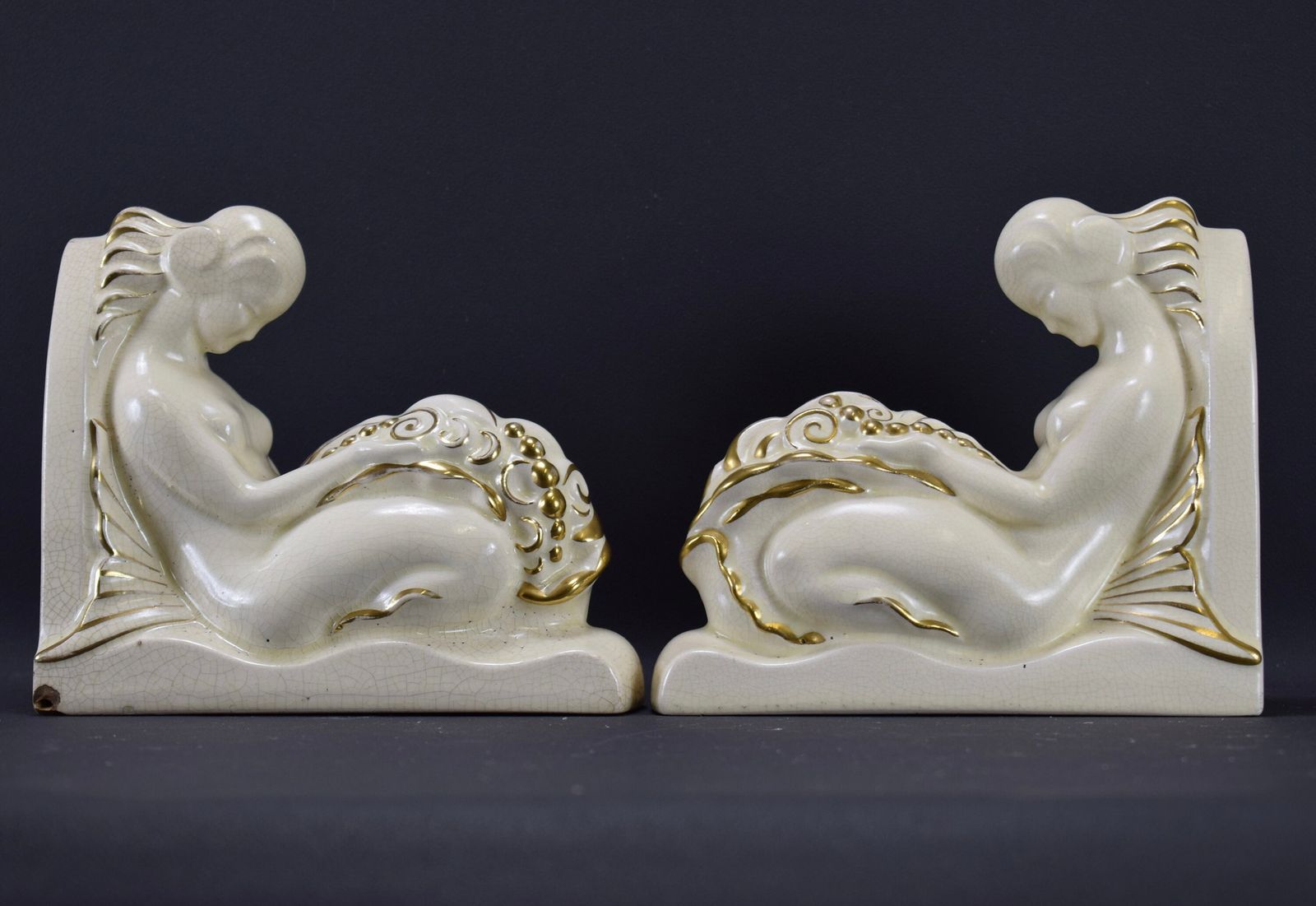 Art Deco Pair Of Mermaid Bookends By Lejan Orchies White Ceramic photo 359.0