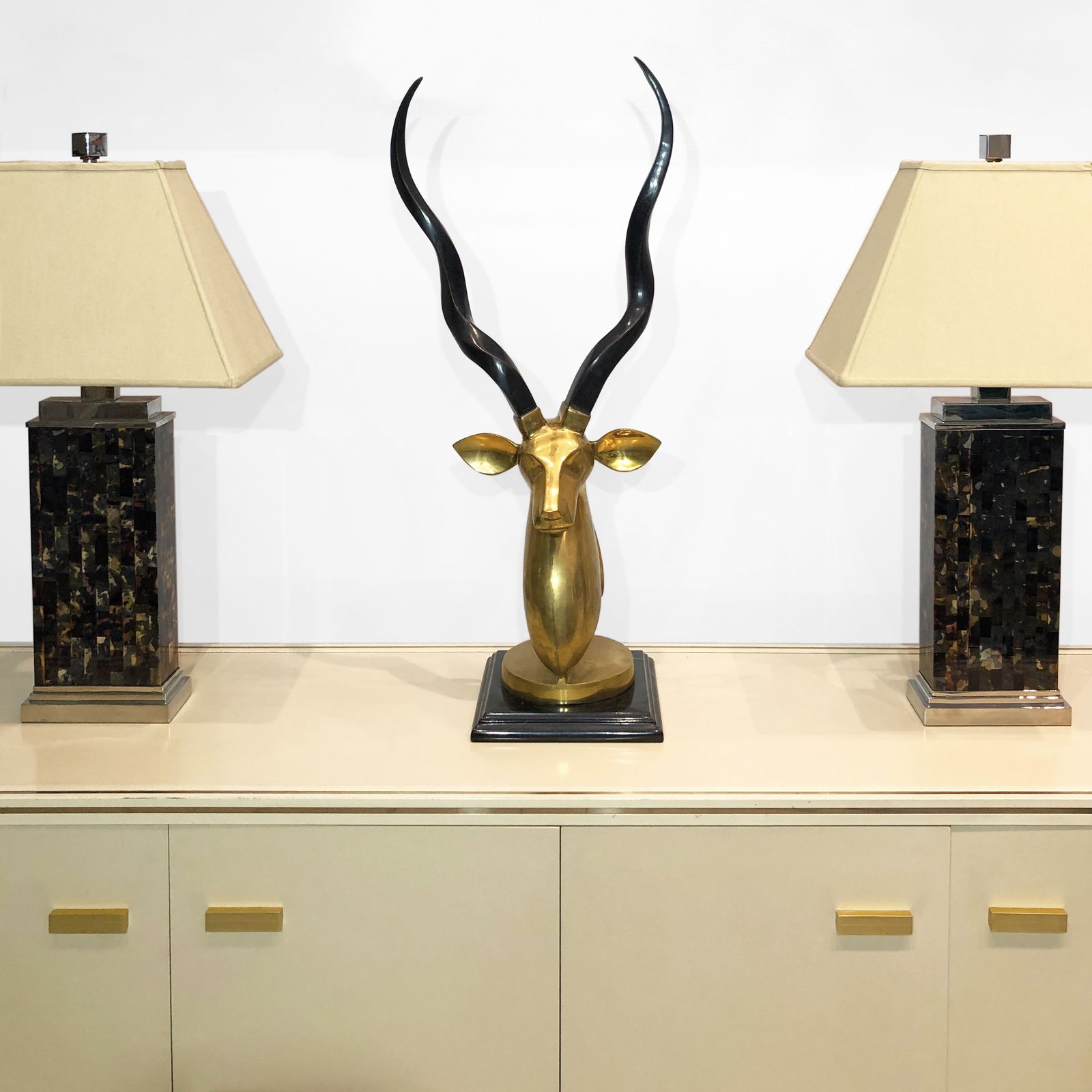 Brass Antelope Head Sculpture 1970s Kudu Hollywood Regency Karl Springer Horns photo buy