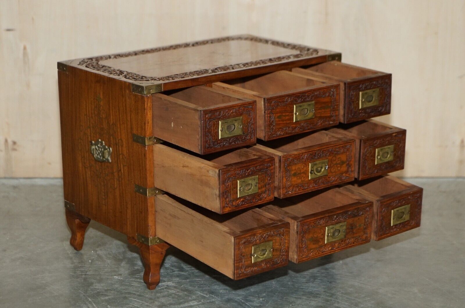 photo for sale Small Antique Anglo Indian Military Campaign Brass Side Table Tea Chest Drawers