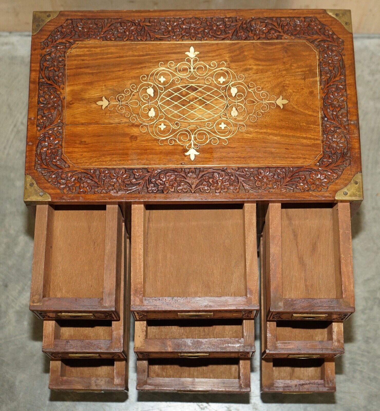 1250.0 Small Antique Anglo Indian Military Campaign Brass Side Table Tea Chest Drawers photo