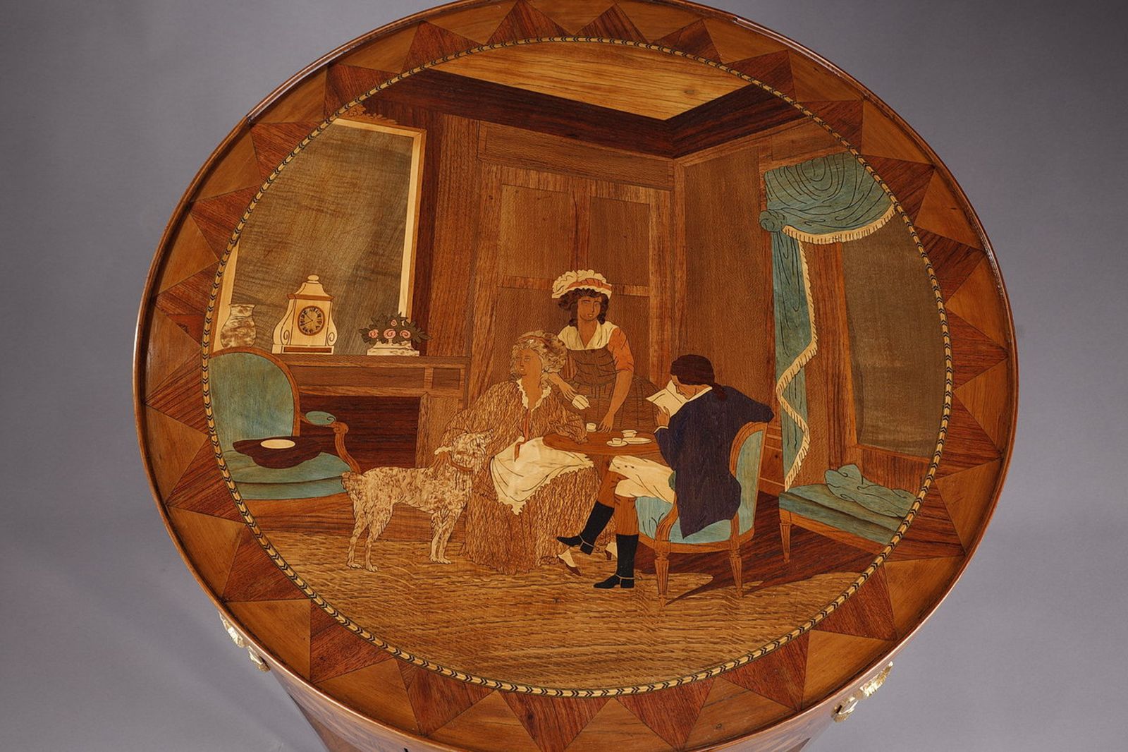 photo buy Rare Louis XVI Style Game Table With Wood Marquetry Decoration