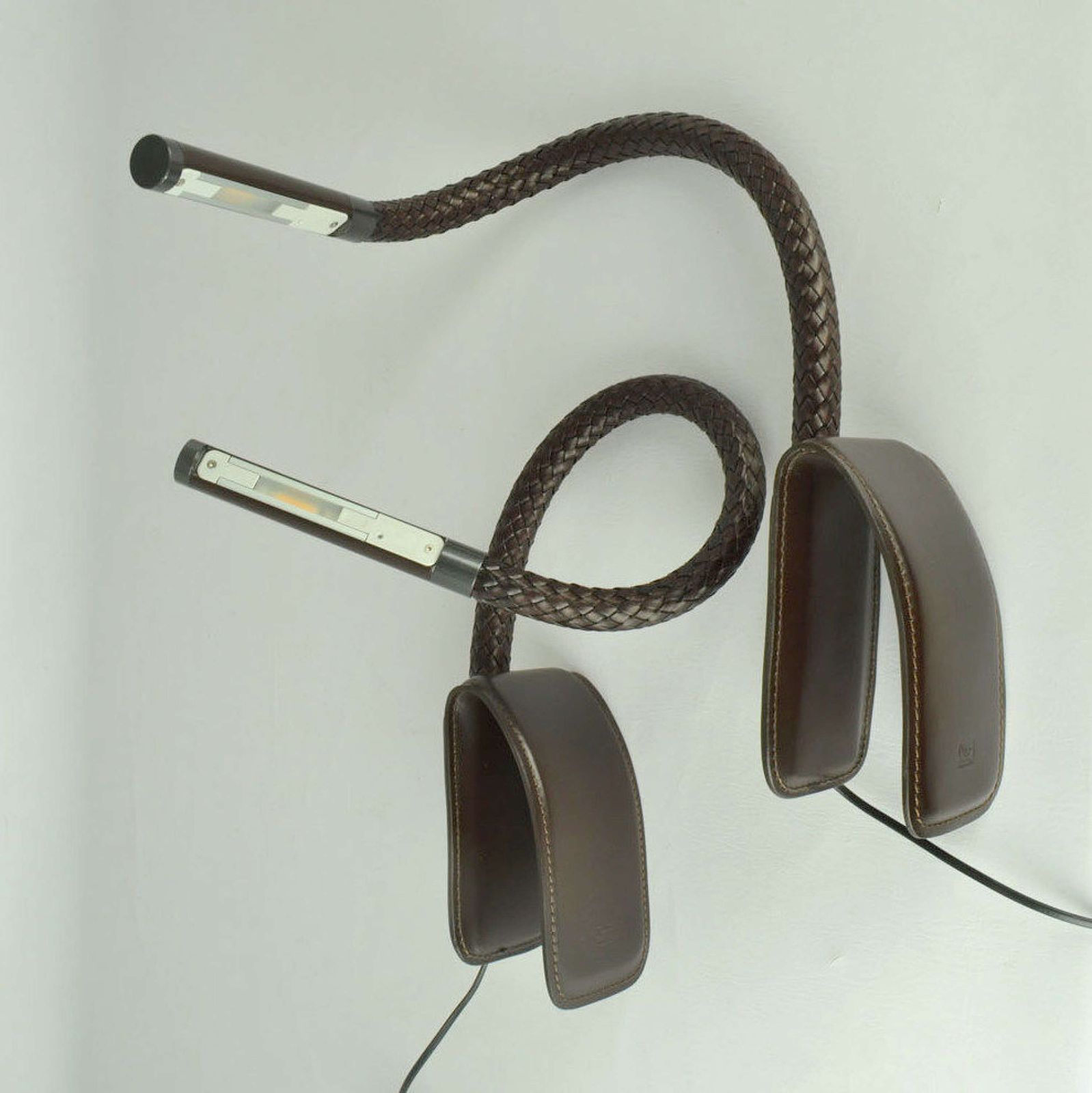 Pair Poltrona Frau Chocolate Brown Leather Clip Lamps photo for sale