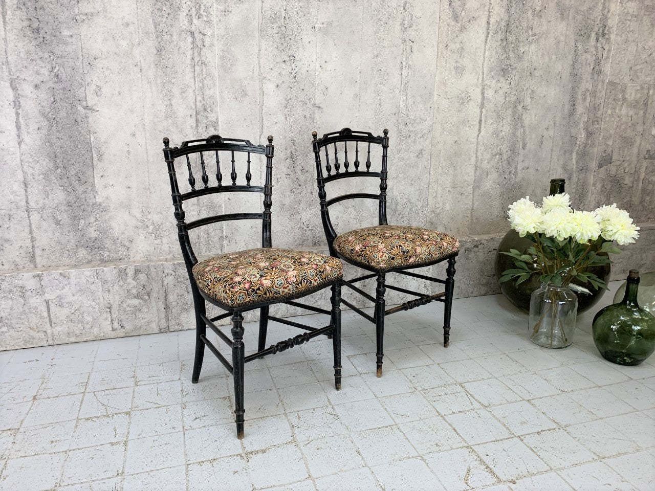 Pair Of Decorative Ebonised Napoleon III Hand Painted Bedroom Chairs