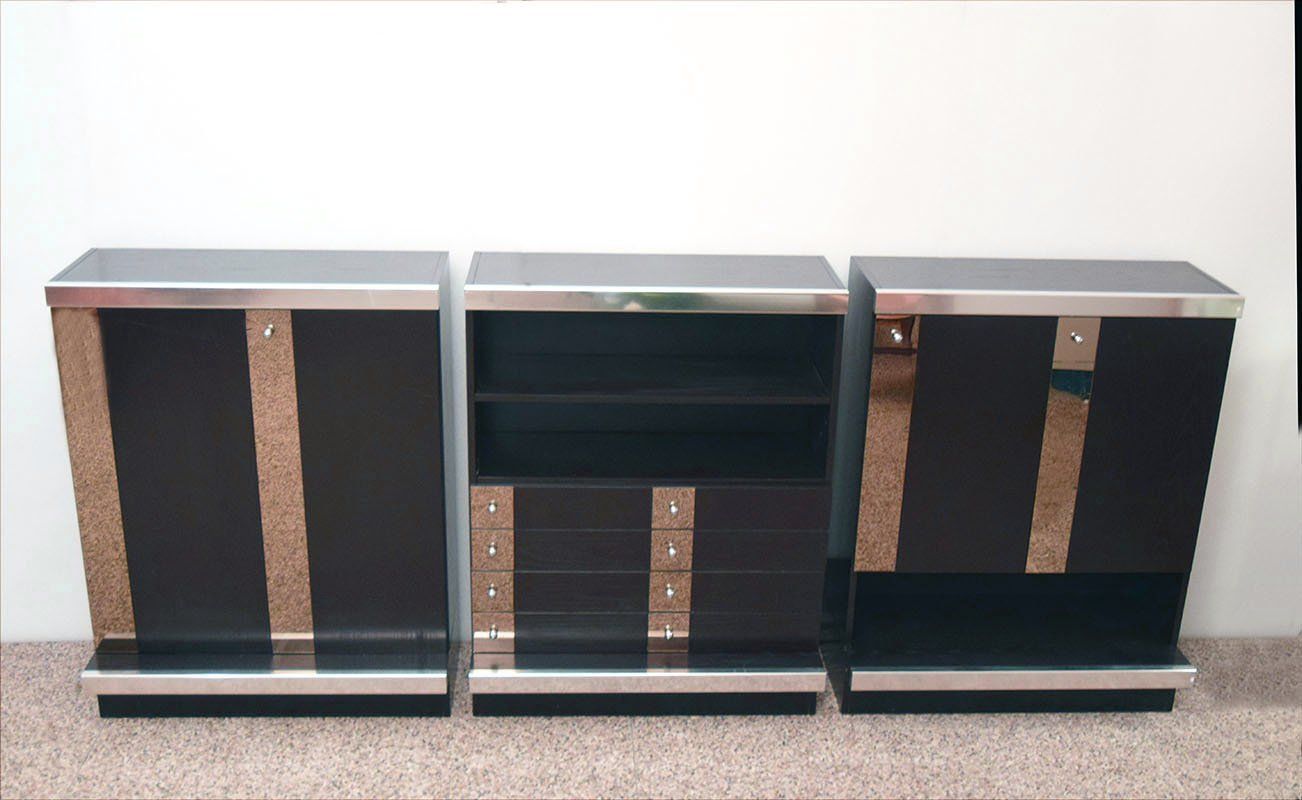 Modular Sideboard In Wengé Wood, Steel And Mirror From Sormani, 1970s, Set Of 3 photo for sale