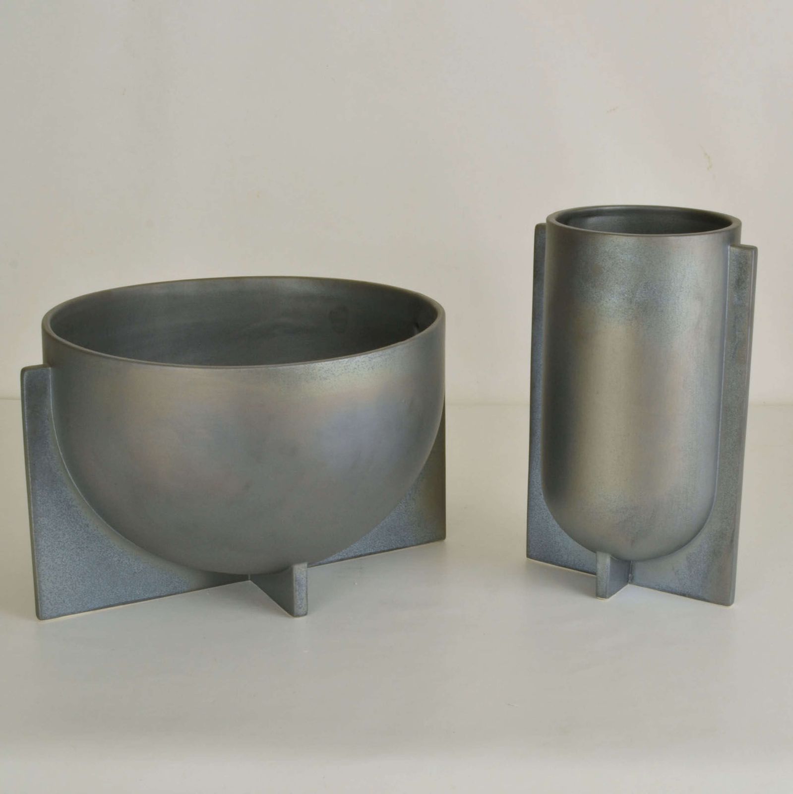 Modern Sculptural Ceramic Vases In Metallic Grey Glaze photo buy