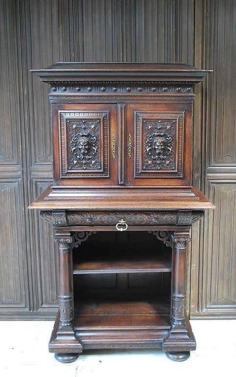 Antique Italian Oak Renaissance Revival Collectors Cabinet On Stand photo vinterior