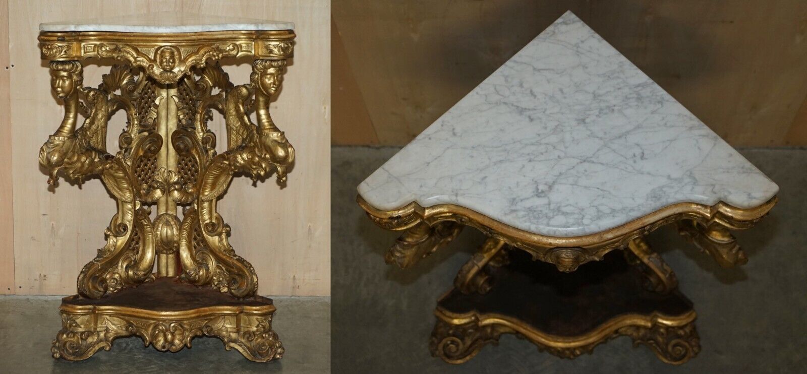 Exquisite Antique Italian Gold Giltwood Italian Marble Herm Carved Corner Table