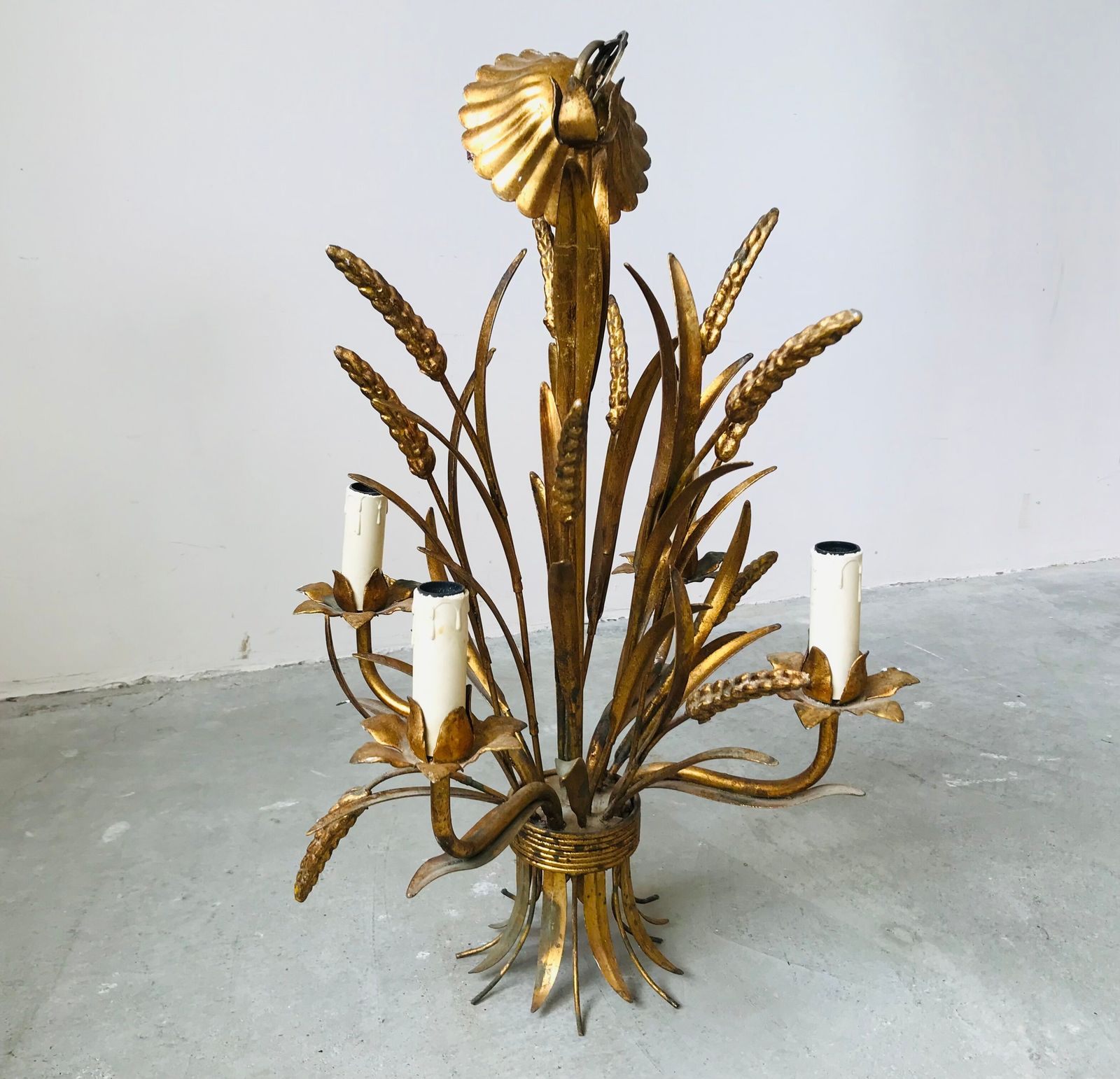 Ears Of Wheat Chandelier In Gilded Metal, Circa 1960 photo vinterior