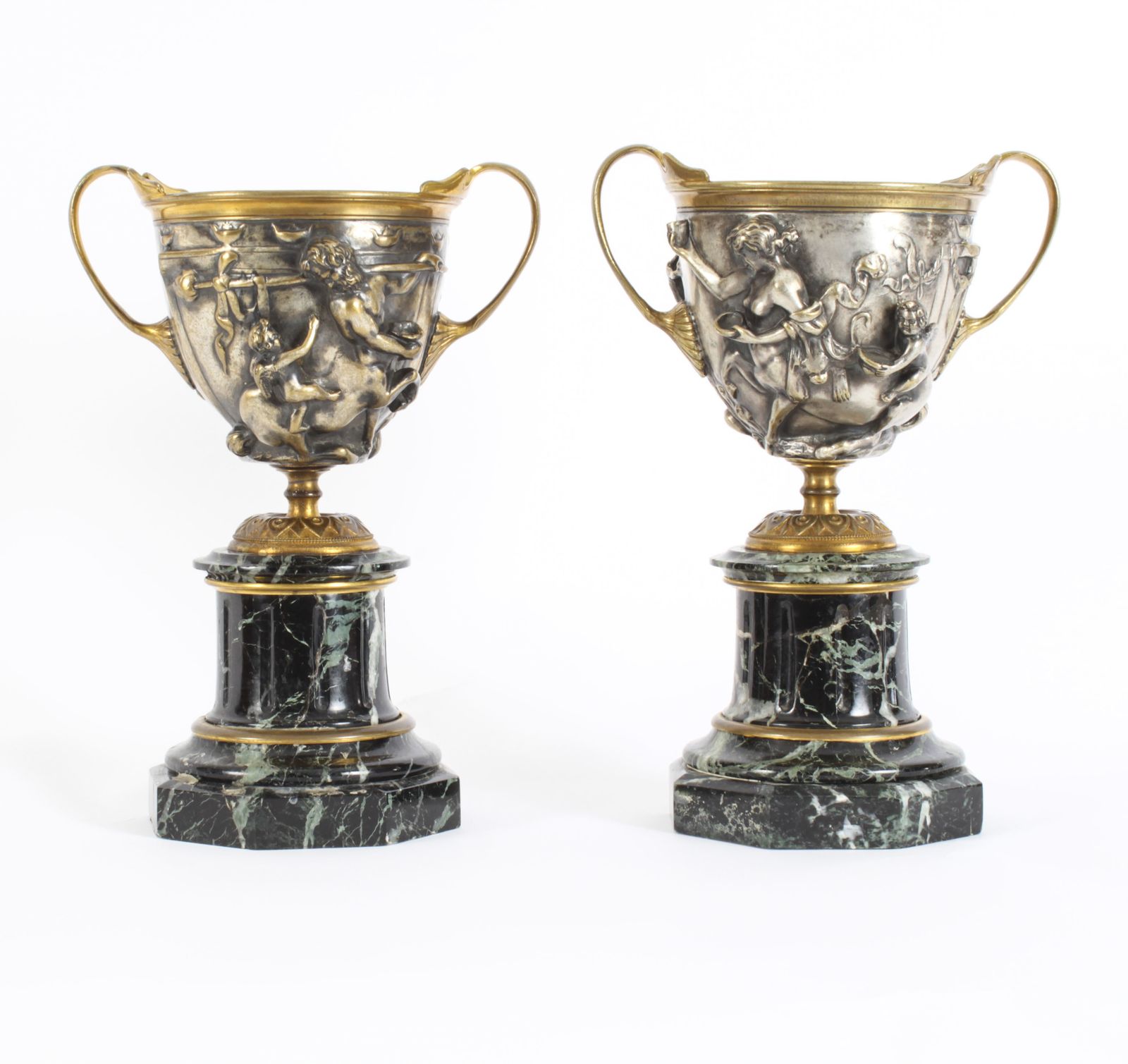 Antique Pair French Grand Tour Silvered Bronze Pedestal Urns C1860 19th C