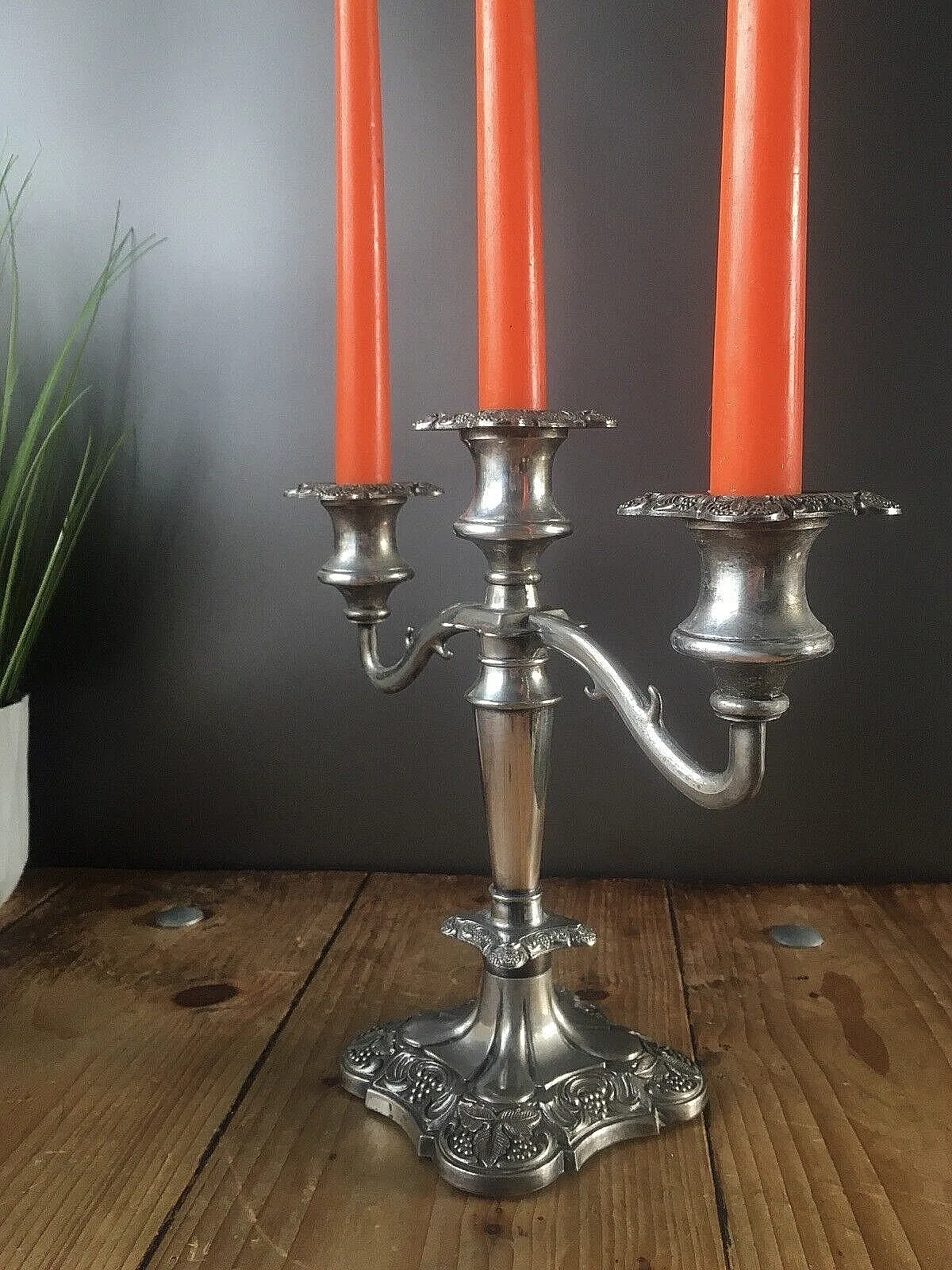 Quality English Silver Plated Leaf And Berry 3 Branch Candle Holder Candelabrum