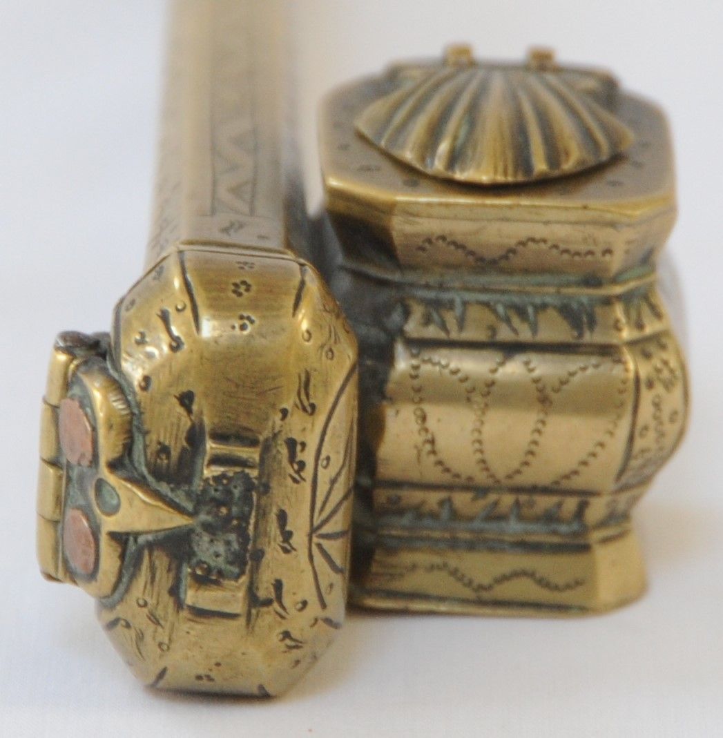 Antique Brass Islamic Middle East Qalamdan Portable Inkwell And Pencase photo for sale