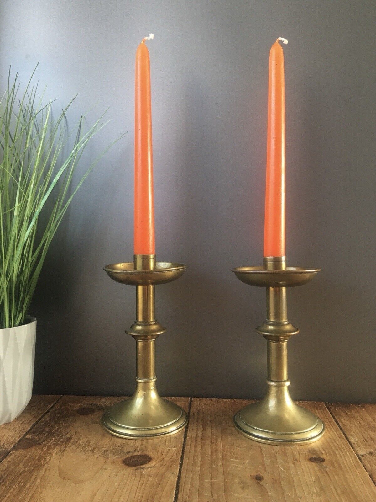 Pair Of English Antique Gothic Brass Altar Candlesticks Candle Holders Pugin