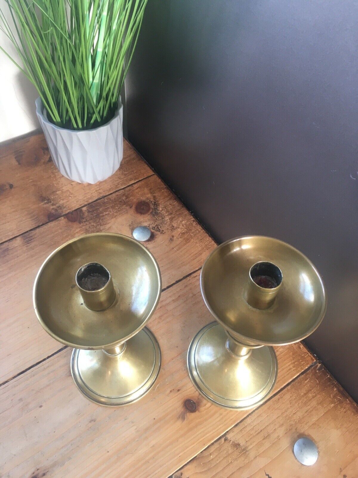 photo for sale Pair Of English Antique Gothic Brass Altar Candlesticks Candle Holders Pugin
