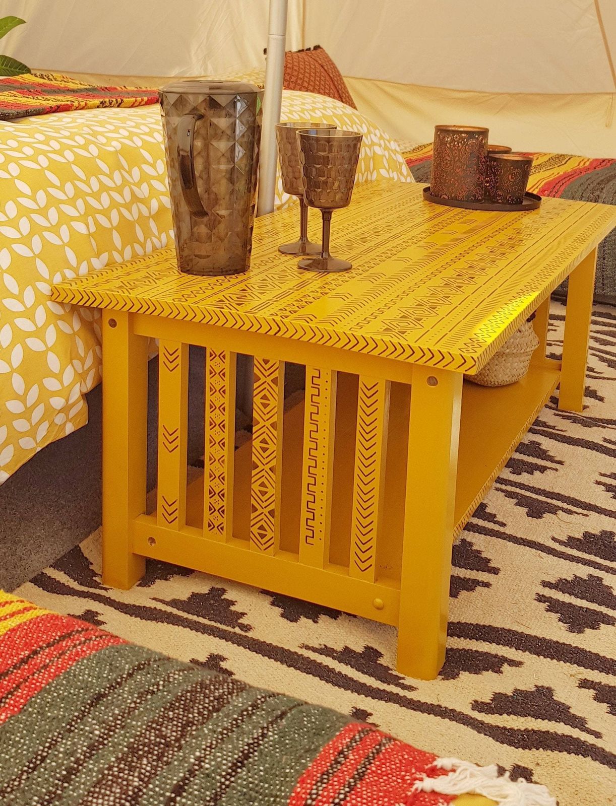Oak Wood Coffee Table Hand Painted Mustard Yellow With Tribal Stencil Design In Black photo furniture