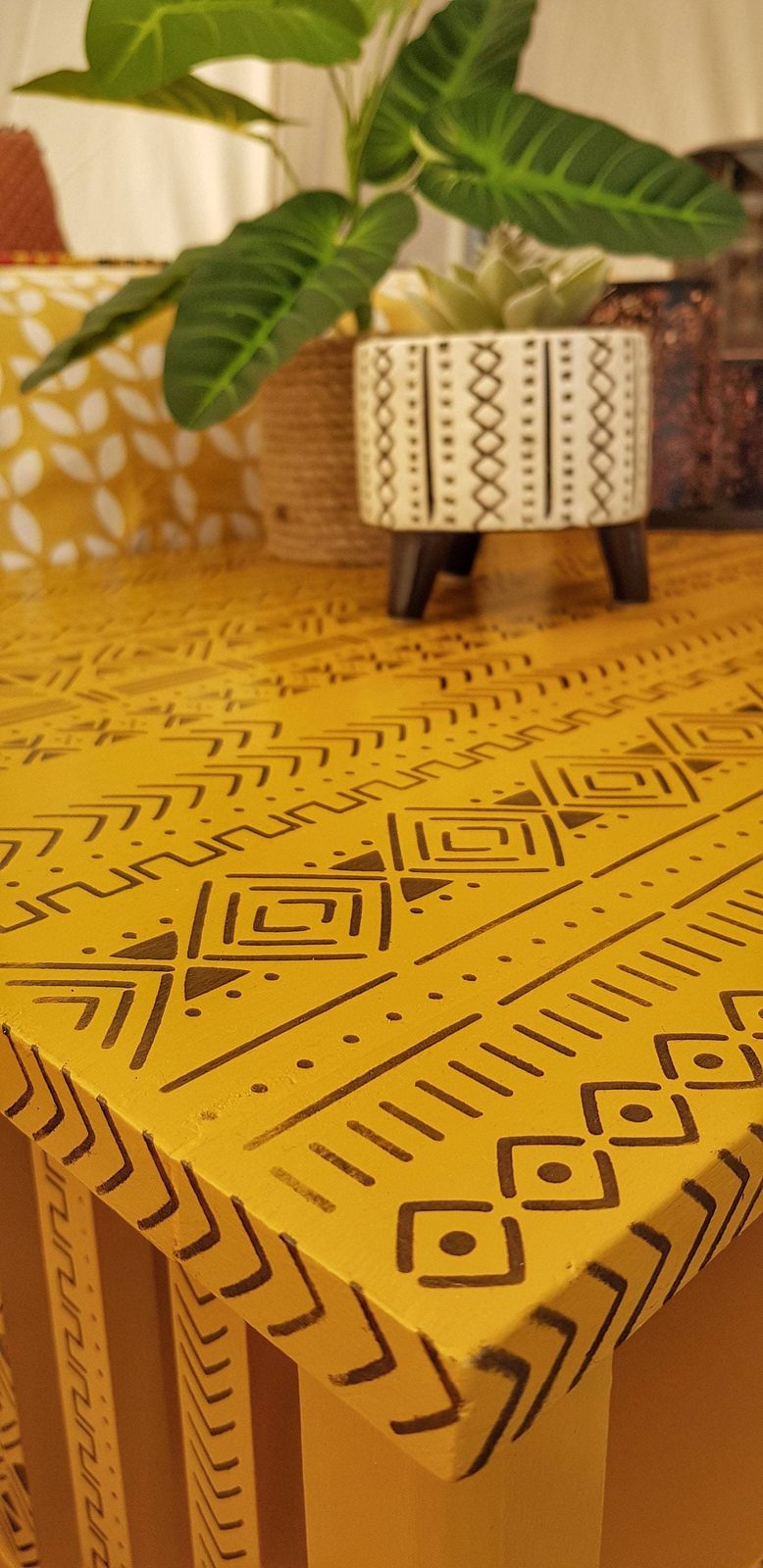Oak Wood Coffee Table Hand Painted Mustard Yellow With Tribal Stencil Design In Black photo for sale