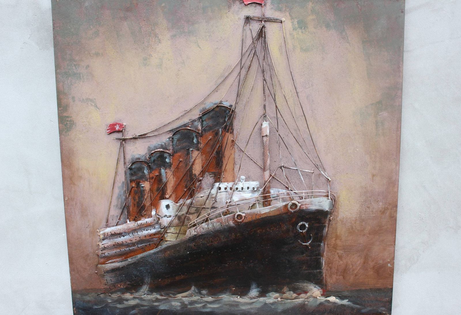 3d Metal Wall Marine Oil Painting Relief Wall Art Embossed Ship Mixed Media Wall Sculpture Retired Captain Gift