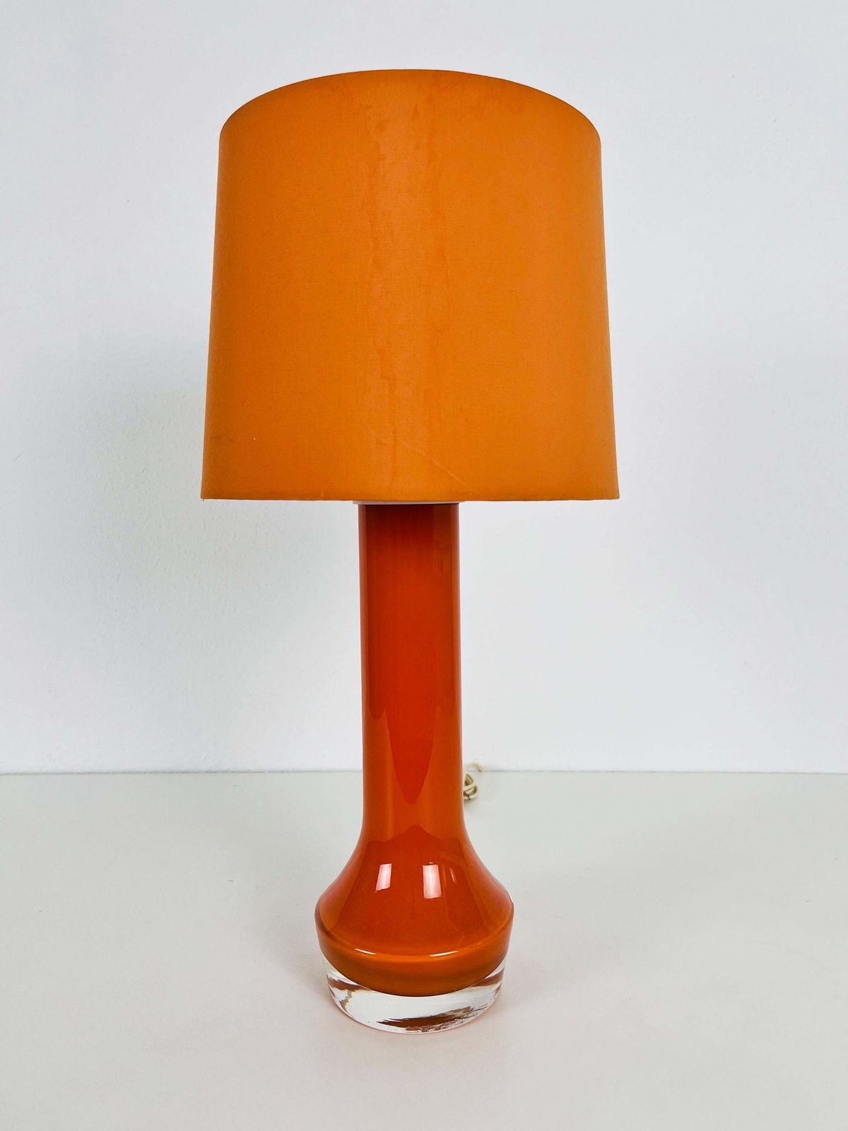 Mid Century Orange Glass And Fabric Shade Table Lamp, 1960s photo furniture