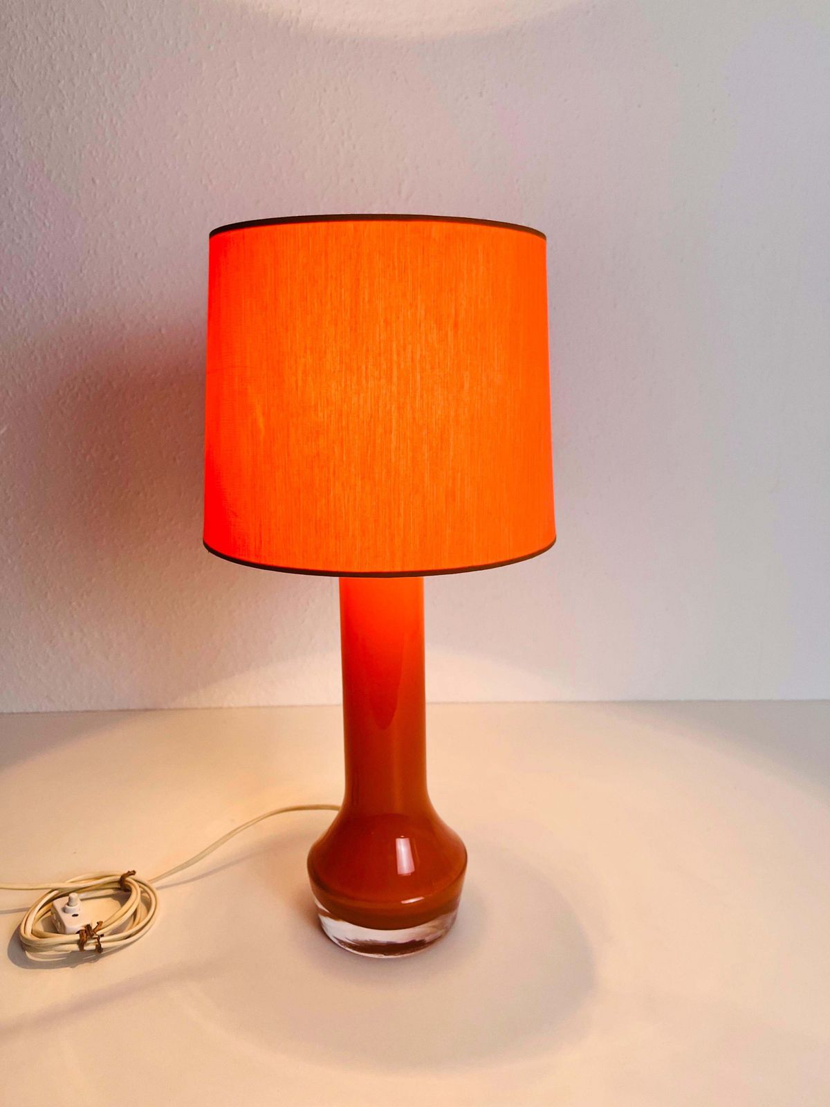 Mid Century Orange Glass And Fabric Shade Table Lamp, 1960s photo Lighting