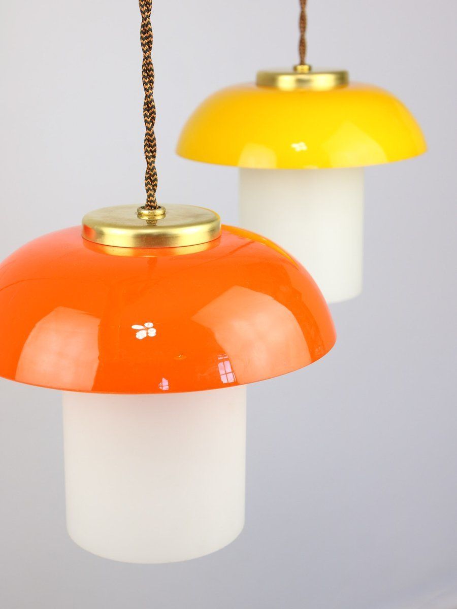 Mid Century Glass And Brass Mushroom Pendant Lamps, Set Of 2 photo furniture