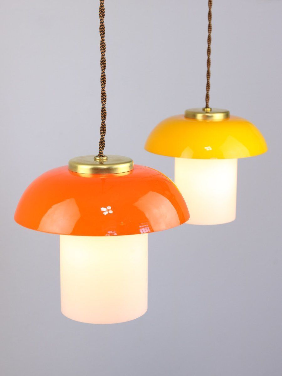 Mid Century Glass And Brass Mushroom Pendant Lamps, Set Of 2 photo Lighting