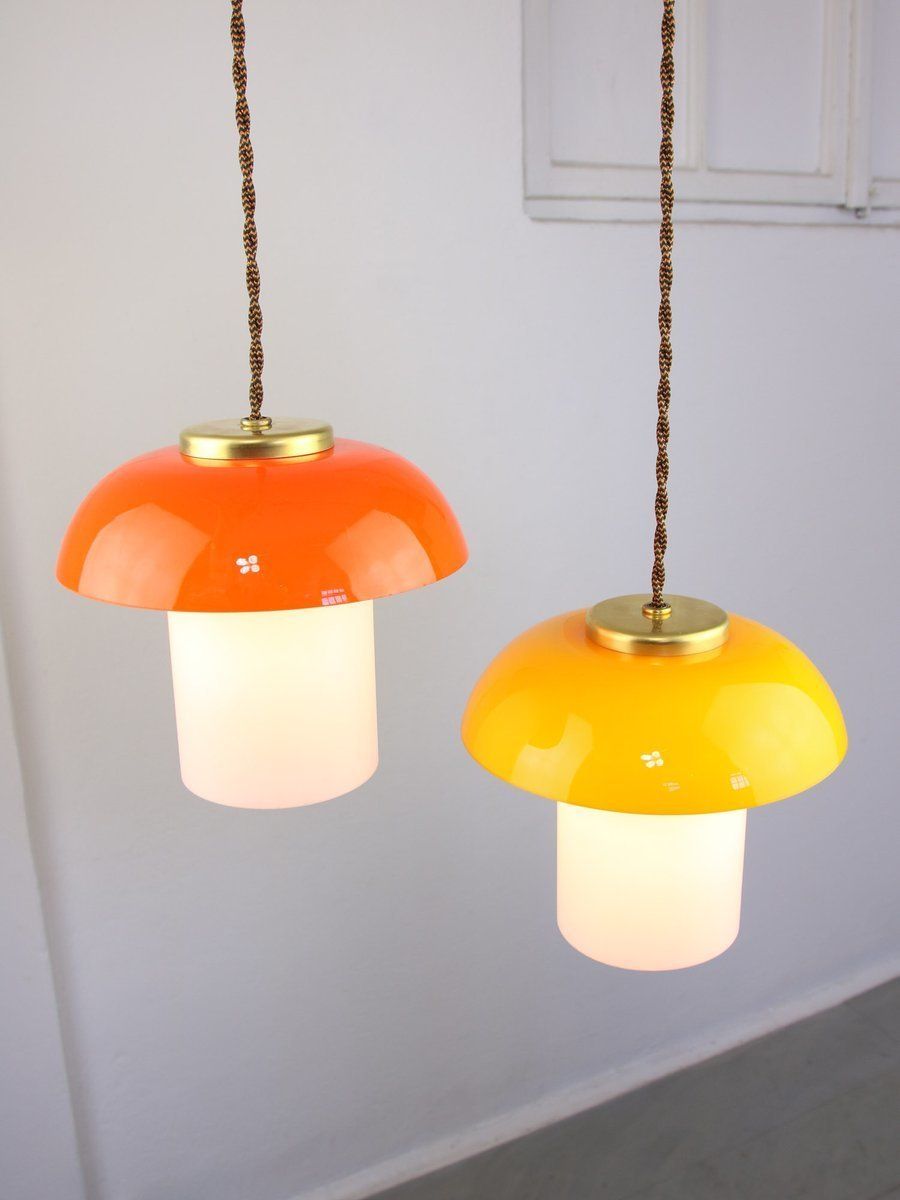 Mid Century Glass And Brass Mushroom Pendant Lamps, Set Of 2 photo buy
