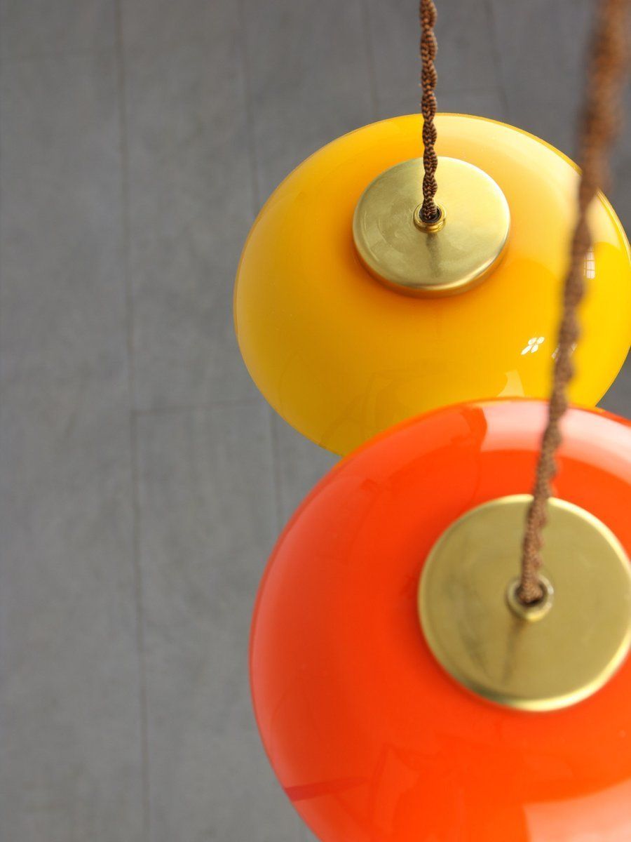 Mid Century Glass And Brass Mushroom Pendant Lamps, Set Of 2 photo vintage