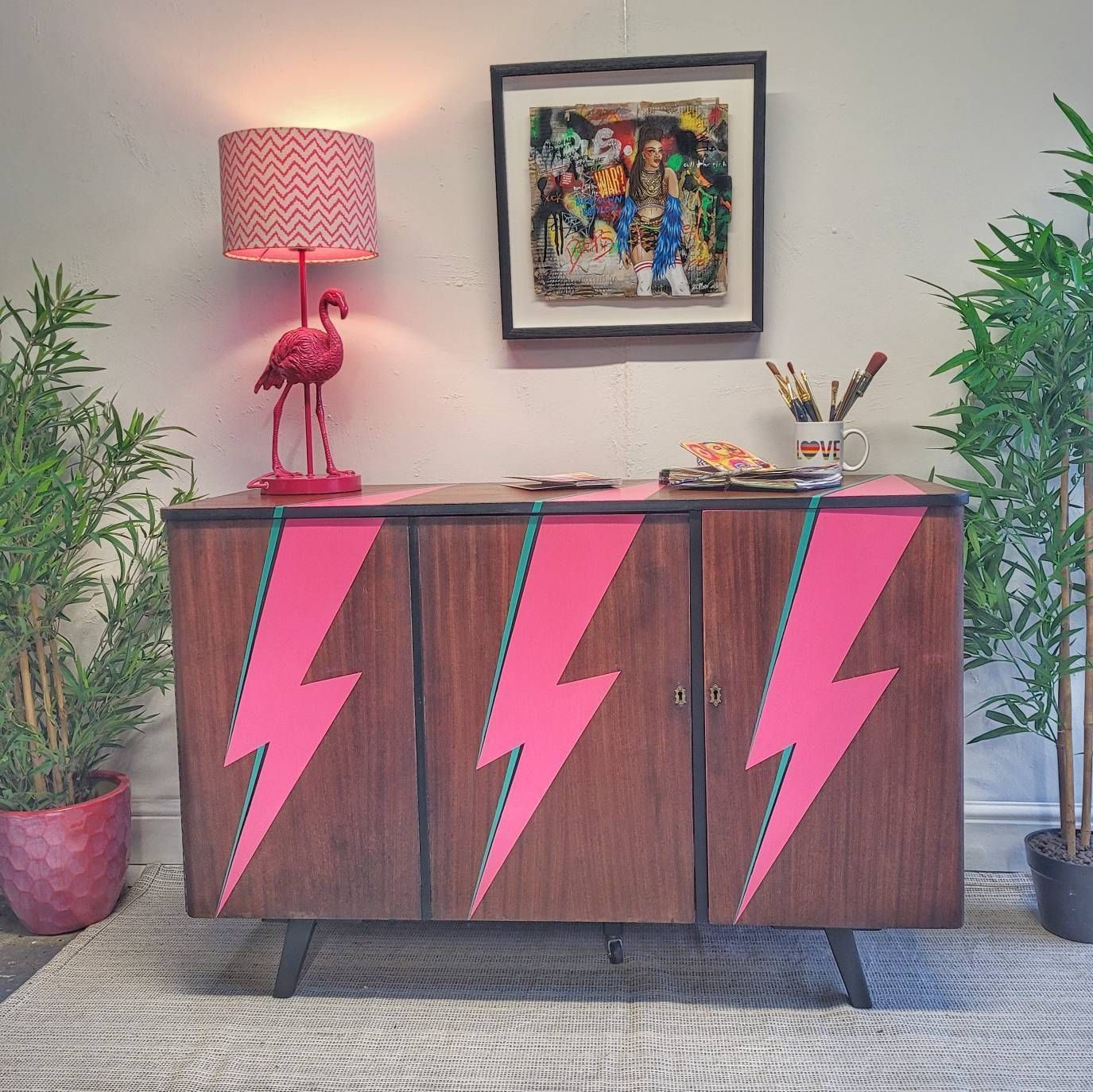 Commission Item Desk Home Office Mid Century Modern Ziggy Stardust  David Bowie  Lightning Bolt