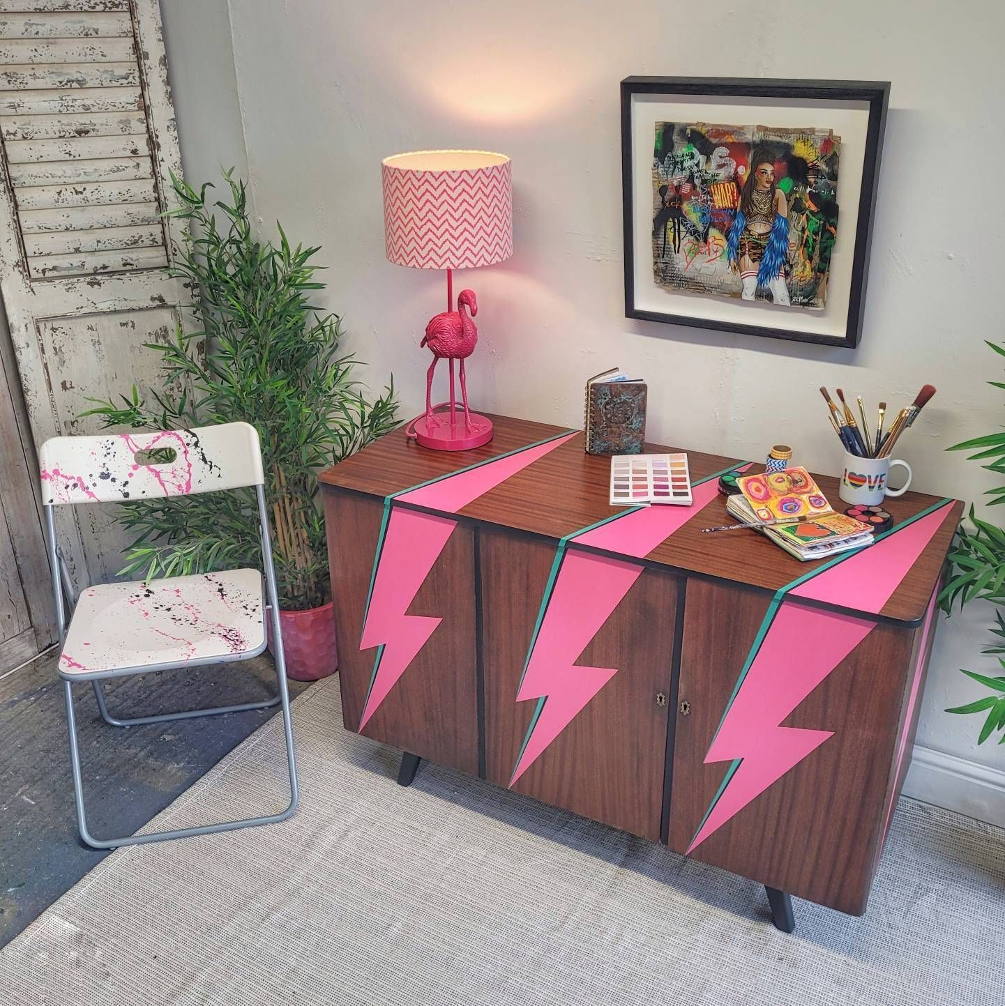 Commission Item Desk Home Office Mid Century Modern Ziggy Stardust  David Bowie  Lightning Bolt photo vintage