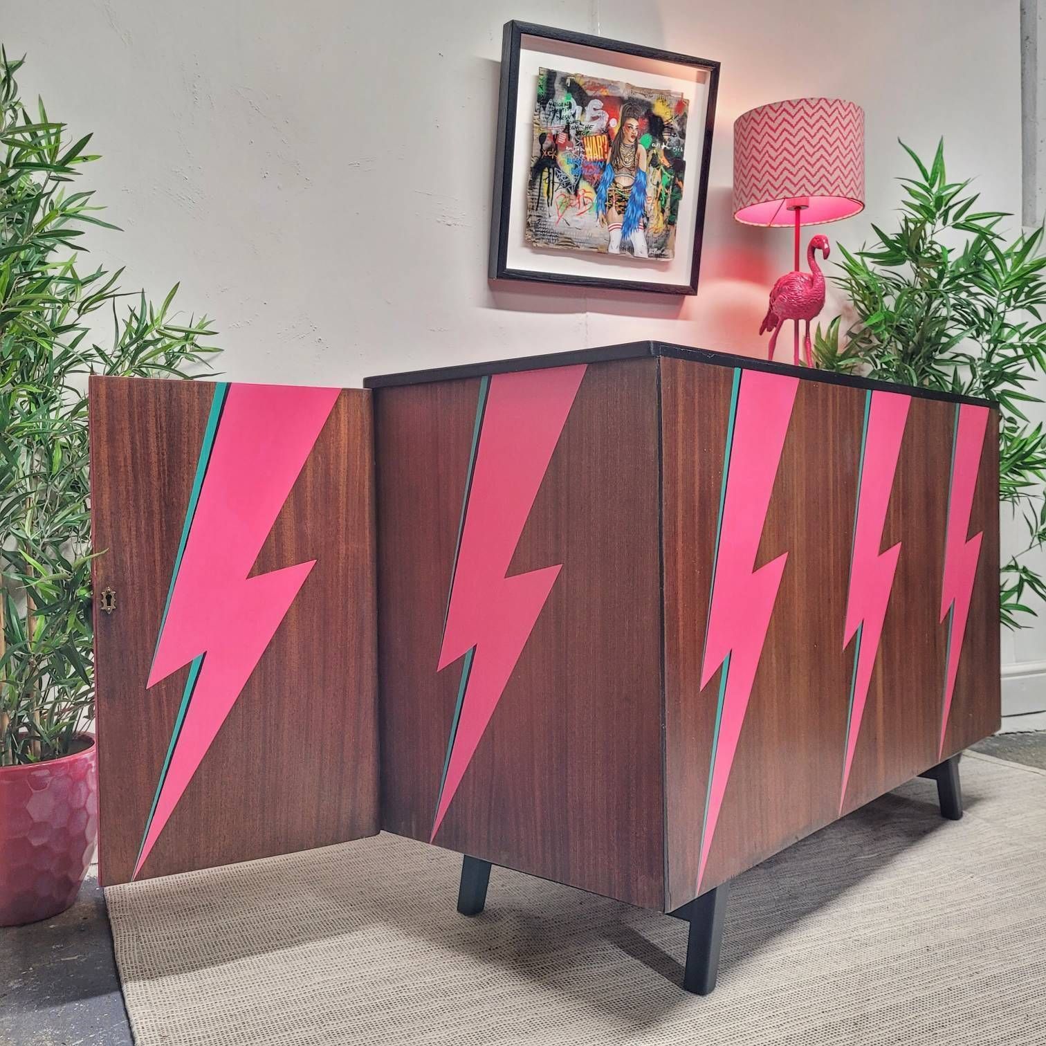 photo furniture Commission Item Desk Home Office Mid Century Modern Ziggy Stardust  David Bowie  Lightning Bolt