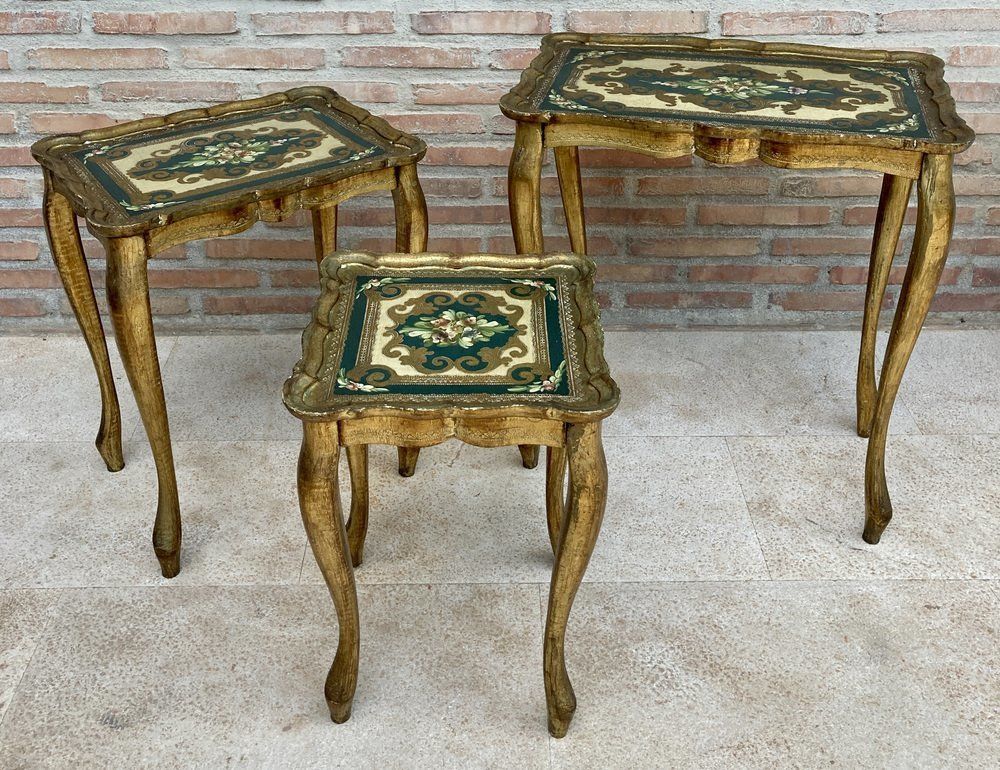 photo for sale Italian Florentine Neoclassical Nesting Tables In Giltwood, 1960s, Set Of 3