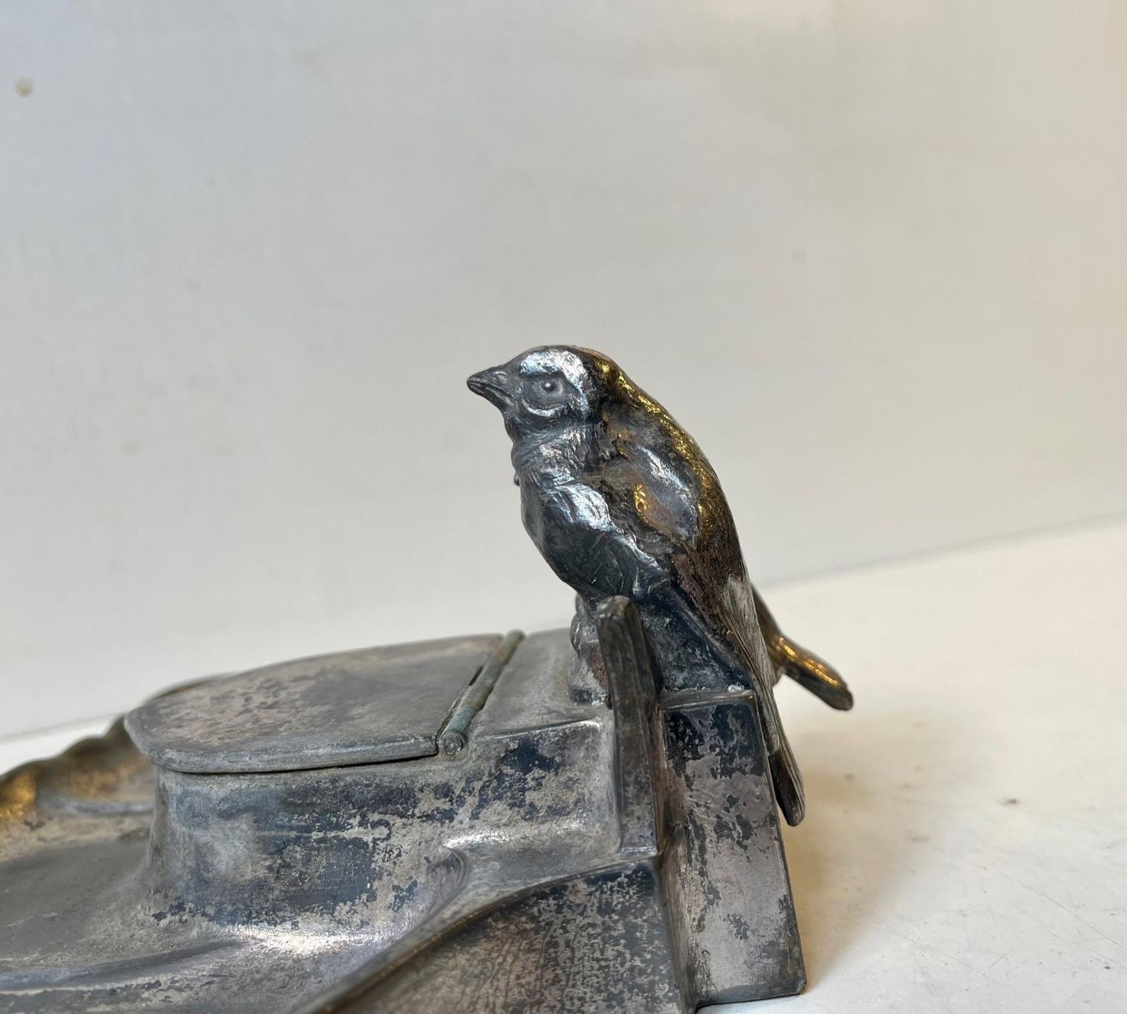 Antique Kayserzinn Pewter Inkwell With Lovebirds  German 1910s photo furniture