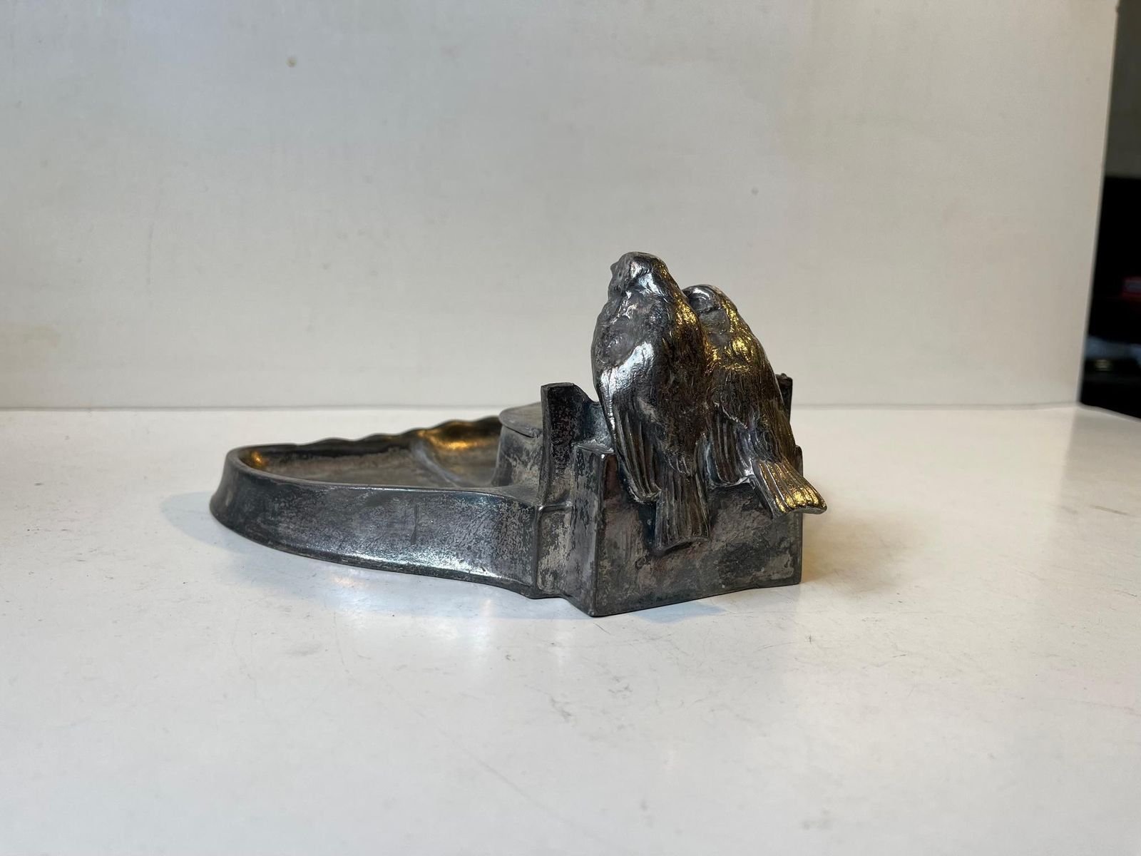 Antique Kayserzinn Pewter Inkwell With Lovebirds  German 1910s photo 257.0