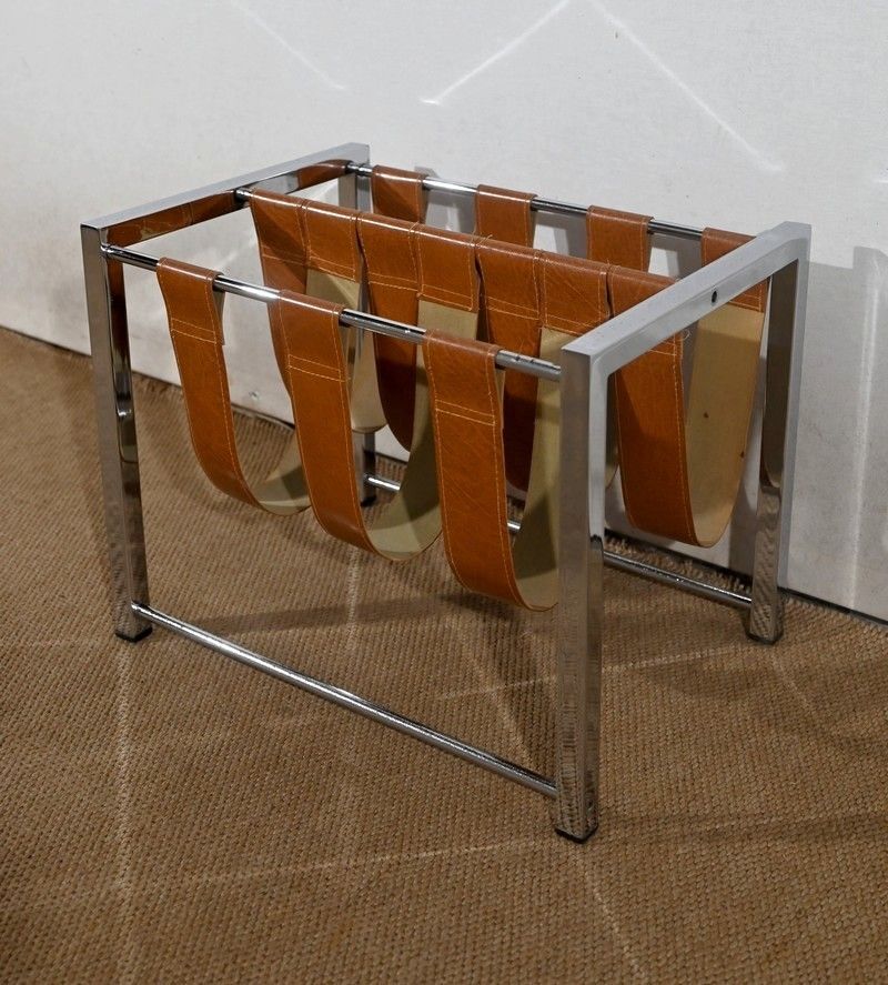Magazine Rack In Leather And Chrome “Novatrend” – Xxth photo for sale
