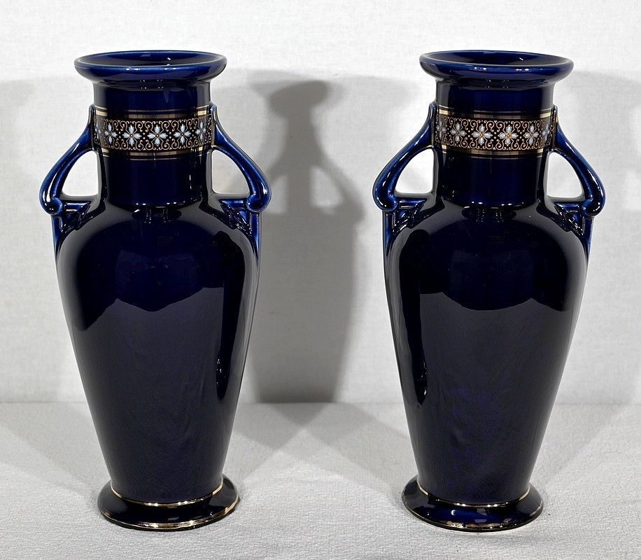 Pair Of Enamelled Earthenware Vases   Early 20th Century