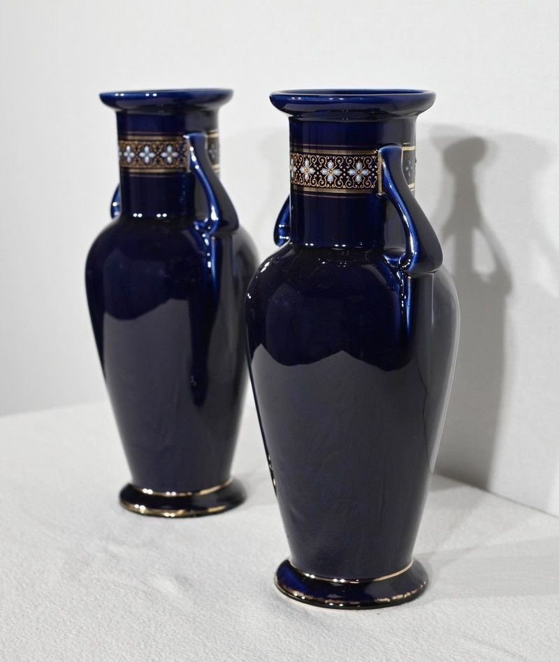 Pair Of Enamelled Earthenware Vases   Early 20th Century photo for sale